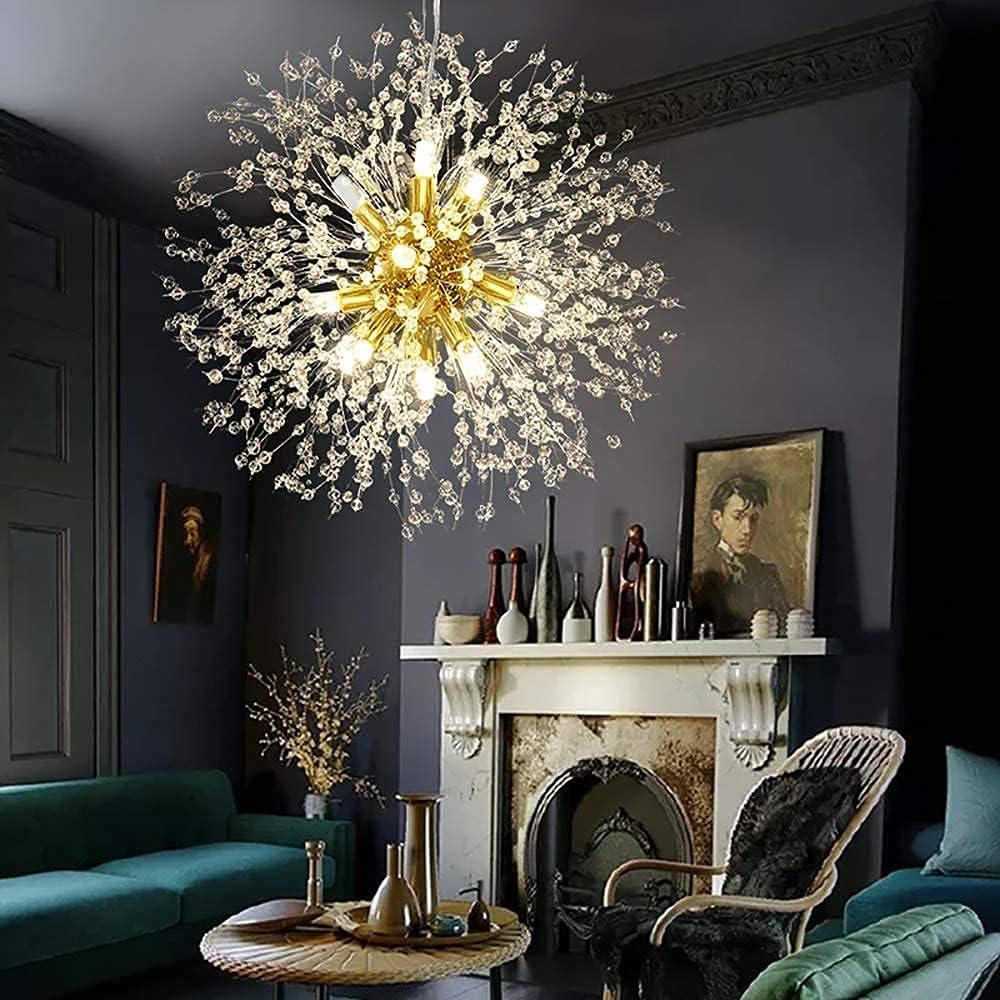 Mercer41 Modern Gold Crystal Chandelier With 12-Light Firework Design, Adjustable Dandelion Pendant Lighting For Dining Room, Living Room, Bedroom, Kitchen, And Hallway