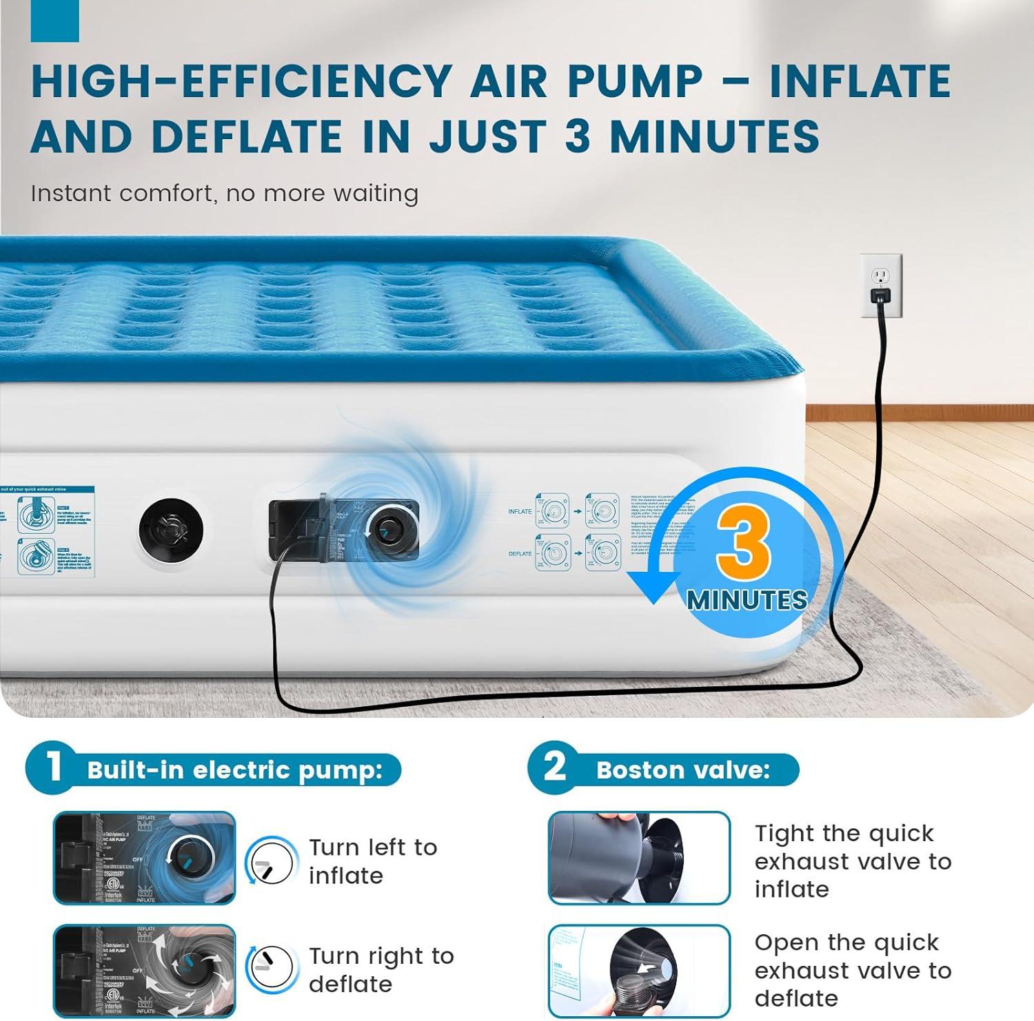 Luxury Air Mattress Queen with Built in Pump, 18'' High Double Blow Up Mattress, Self Inflating Air Bed with Flocked Top and Carry Bag, Durable Portable Airbed for Home Guest and Camping, Blue