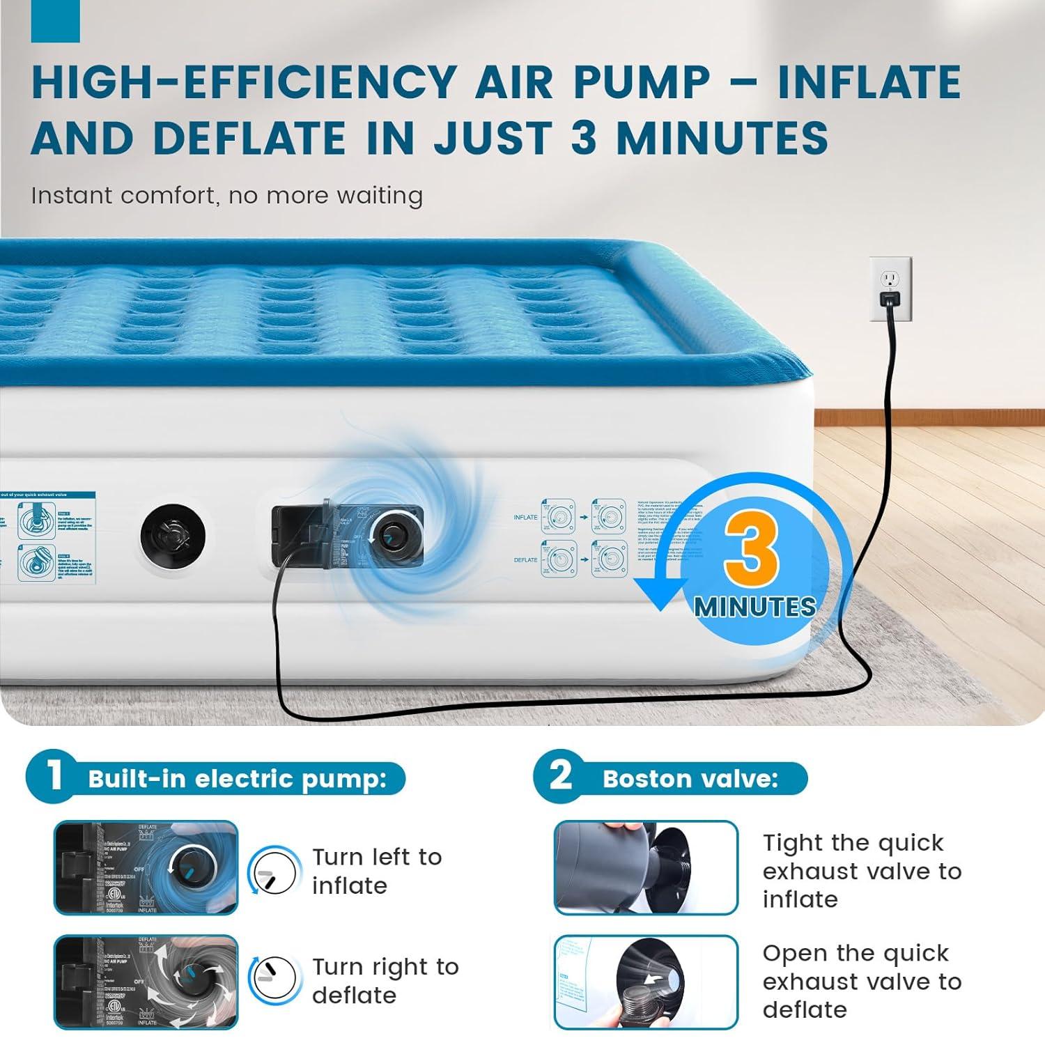 Luxury Air Mattress Queen with Built in Pump, 18'' High Double Blow Up Mattress, Self Inflating Air Bed with Flocked Top and Carry Bag, Durable Portable Airbed for Home Guest and Camping, Blue