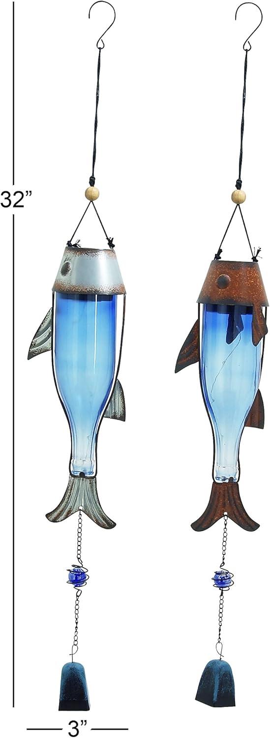 Blue Glass and Metal Fish Wind Chimes with Beads, Set of 2