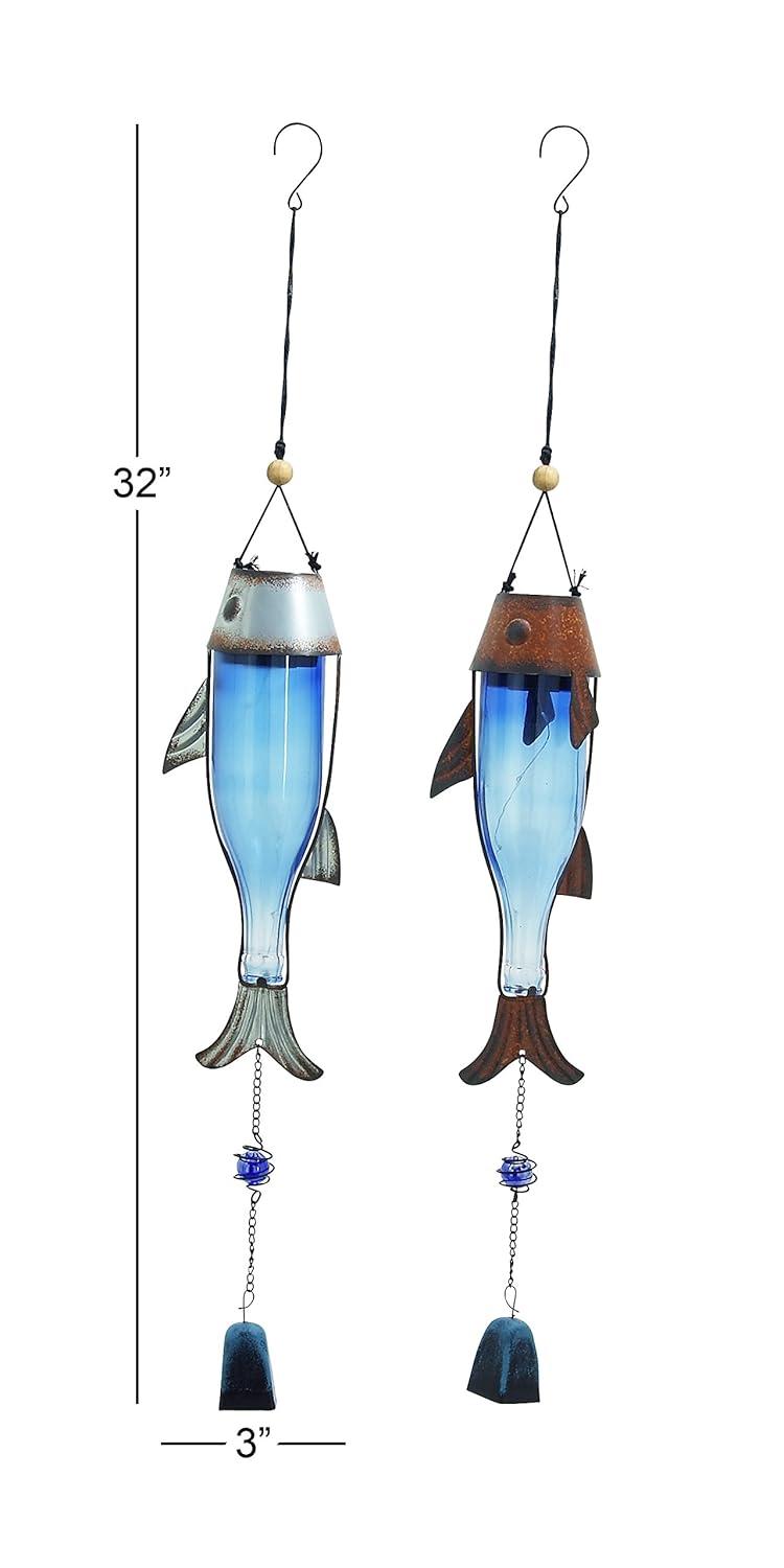 DecMode 32" Blue Metal Fish Windchime with Glass Bottle Body and Beads (2 Count)