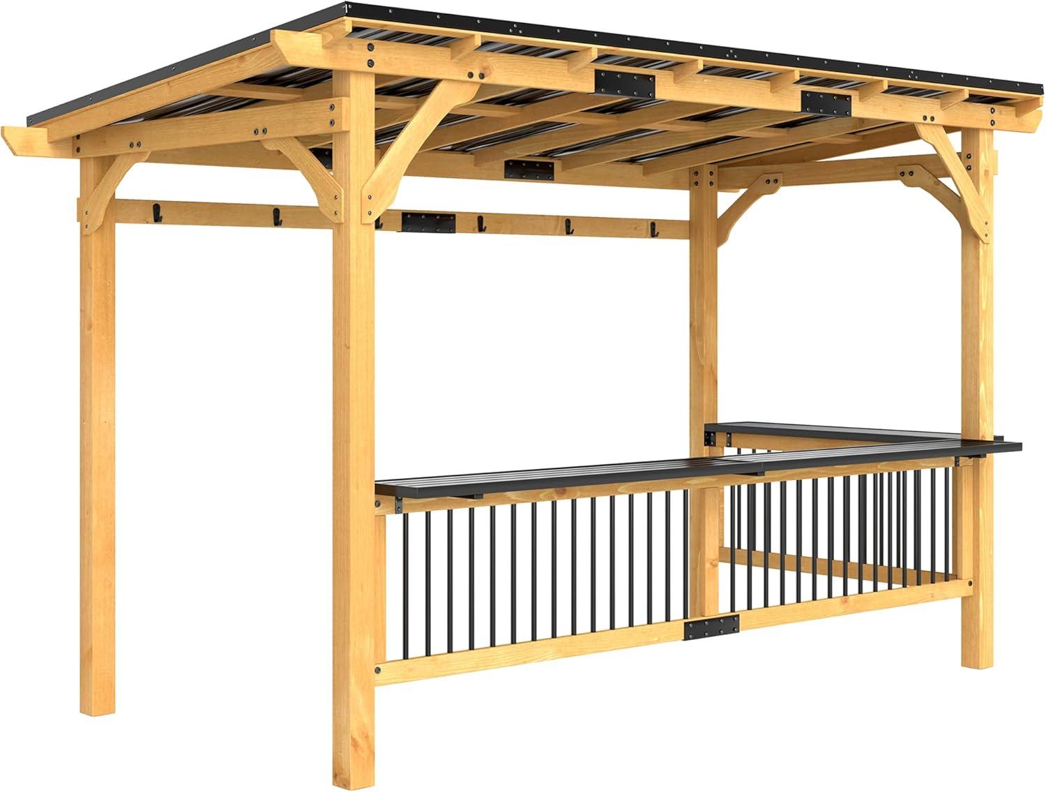 Outsunny 13' x 6' Wooden Grill Gazebo, Hardtop Outdoor BBQ Gazebo with with Metal Roof, 2 Bar Shelves and 6 Hooks for Patio, Deck, Yard, Natural