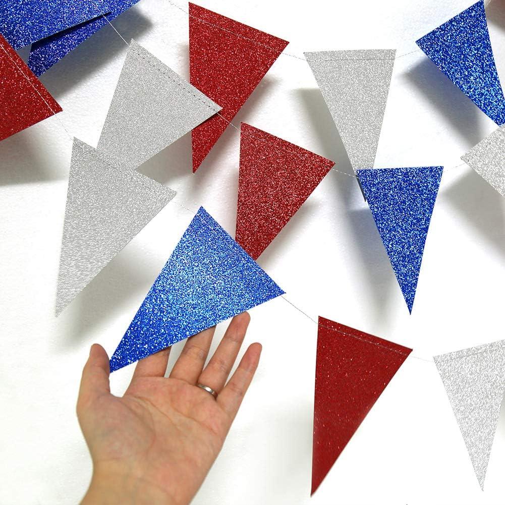 Red Blue Silver/White National Day Patriotic Triangle Flag Banner Fourth/4th of July USA American Independence Day Celebration Party Garland Hanging Decoration for Birthday/Baby Shower