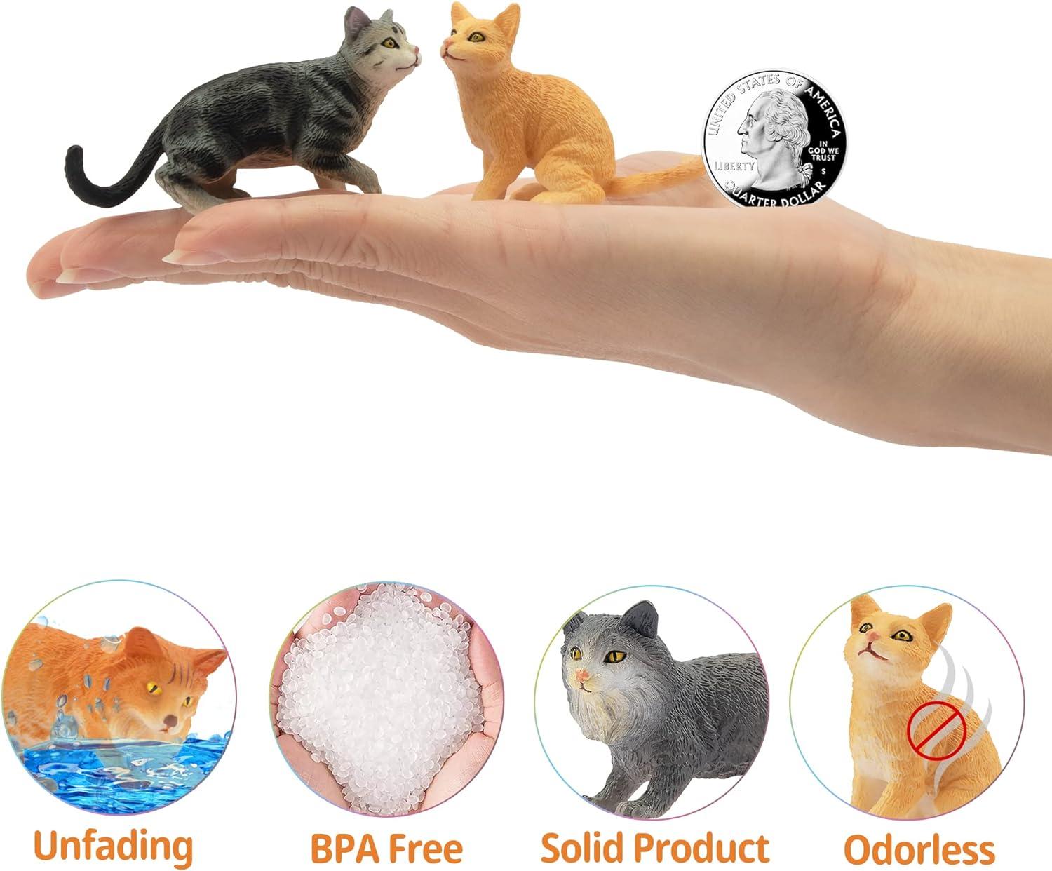 Toymany 8-Piece Grey & Orange Cat Figurine Set, Realistic Kitten Toys, Educational Gift for Kids, Cake Toppers & School Projects