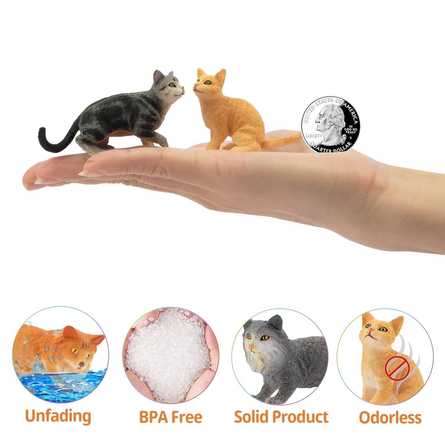 Toymany 8-Piece Grey & Orange Cat Figurine Set, Realistic Kitten Toys, Educational Gift for Kids, Cake Toppers & School Projects