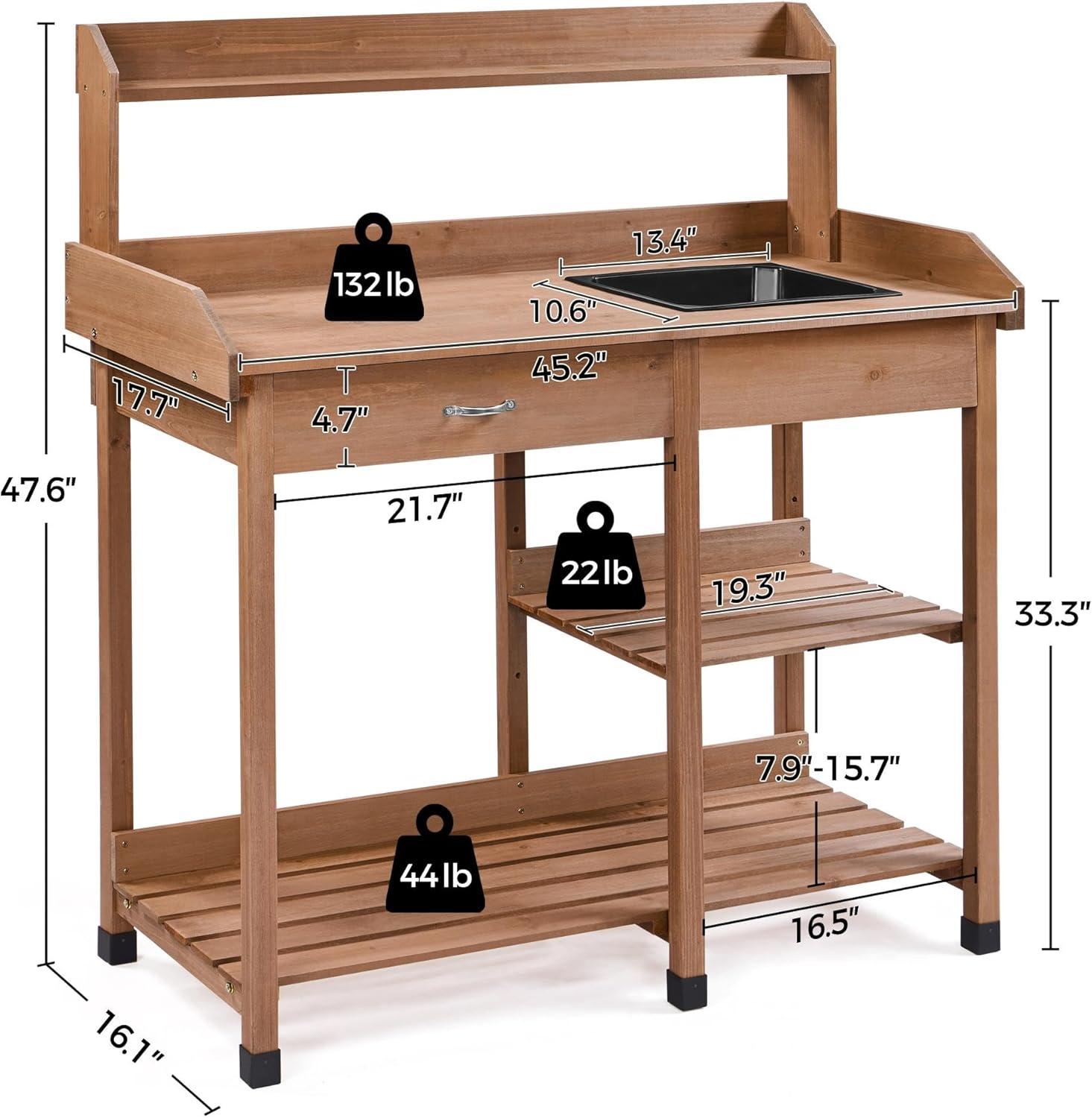 Topeakmart 45.2x17.7x47.6'' (LxWxH) Potting Benches Outdoor Garden Potting Table Work Bench with Removable Sink Drawer Rack Shelves Work Station, Wood