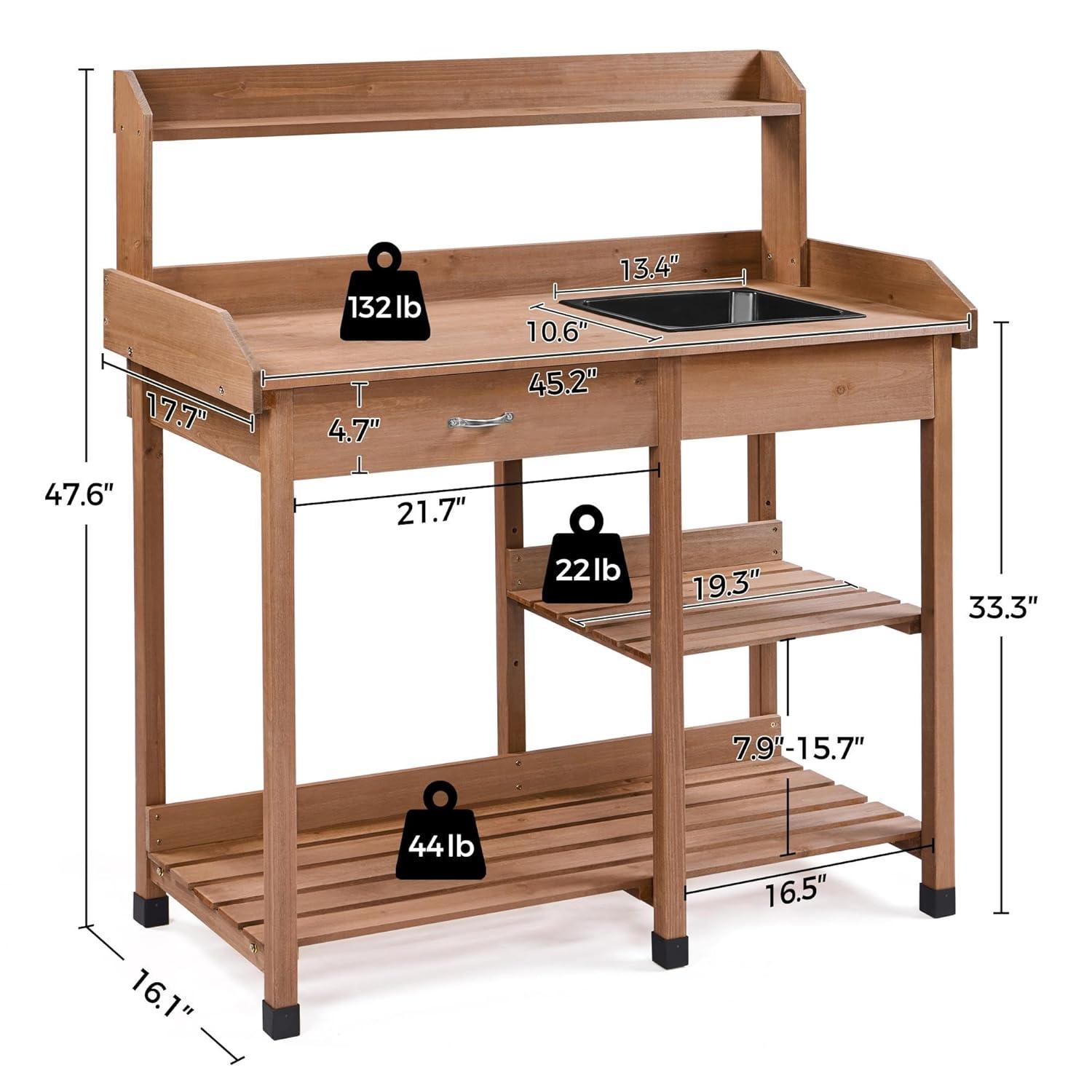 Topeakmart 45.2x17.7x47.6'' (LxWxH) Potting Benches Outdoor Garden Potting Table Work Bench with Removable Sink Drawer Rack Shelves Work Station, Wood