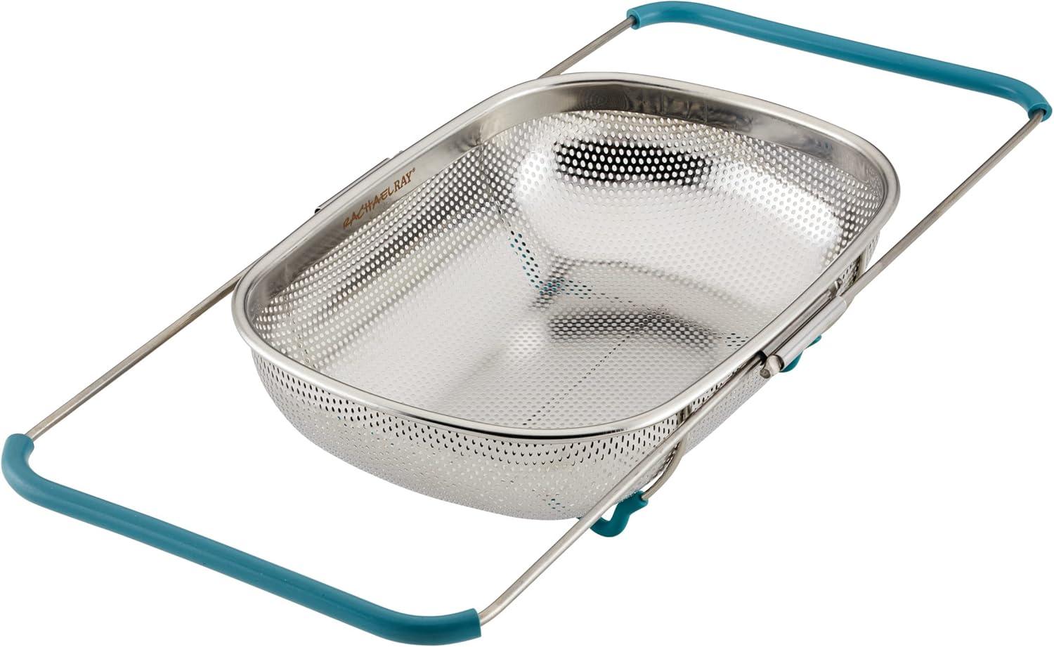 Rachael Ray Tools and Gadgets Over-the-Sink Stainless Steel Colander, 4.5 Quart, Agave Blue Handles