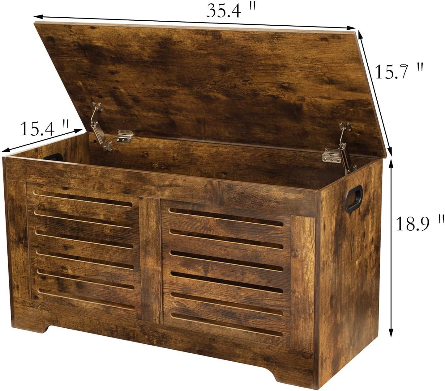 Rustic Brown Wooden Flip-Top Storage Chest with Safety Hinges