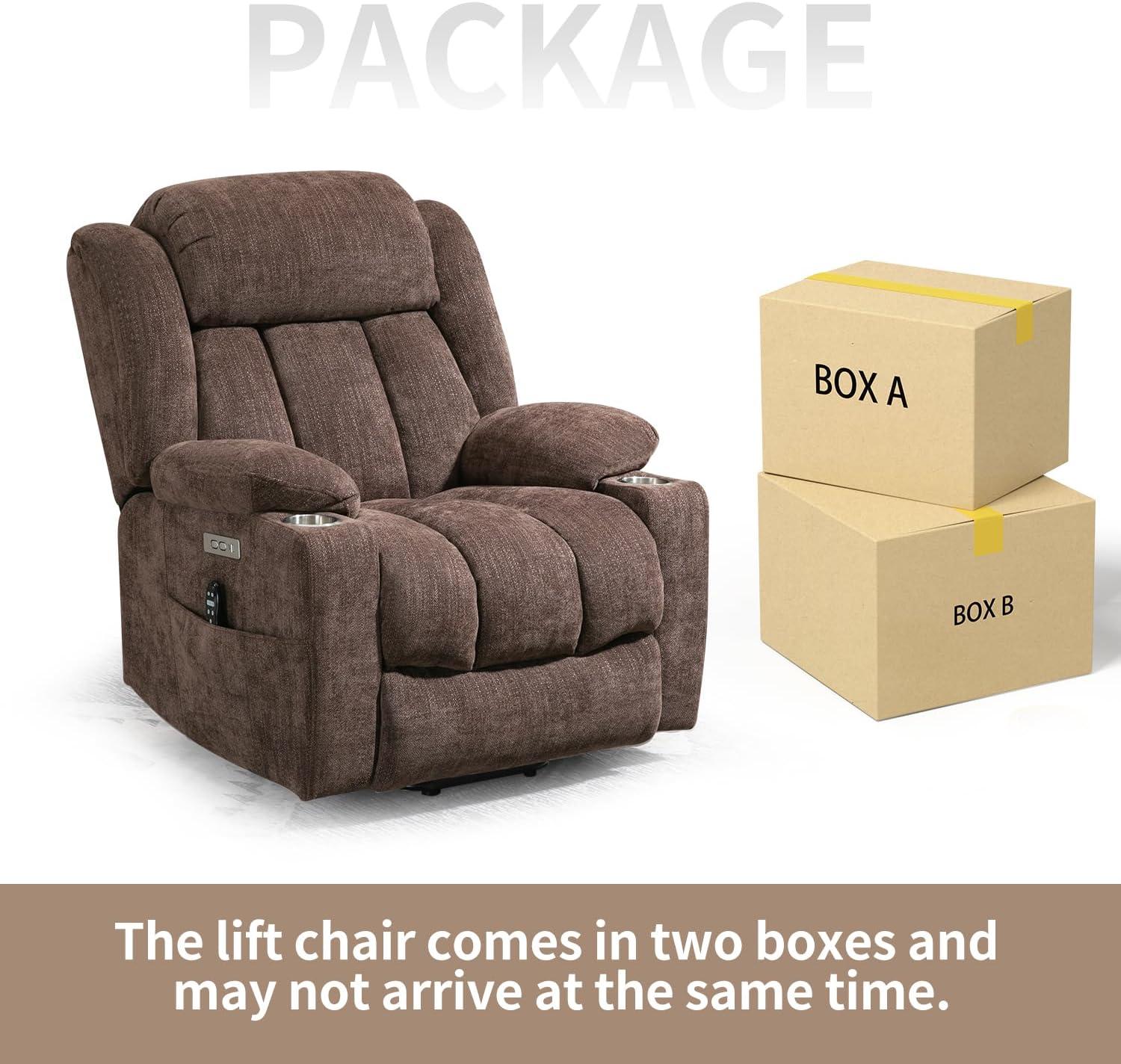 Power Lift Chair with Full-Body Massage and Heat, Electric Recliner Chairs for Adults, Remote Control, Standing Assistance, USB Ports, Stainless Steel Cup Holders, Chenille Brown