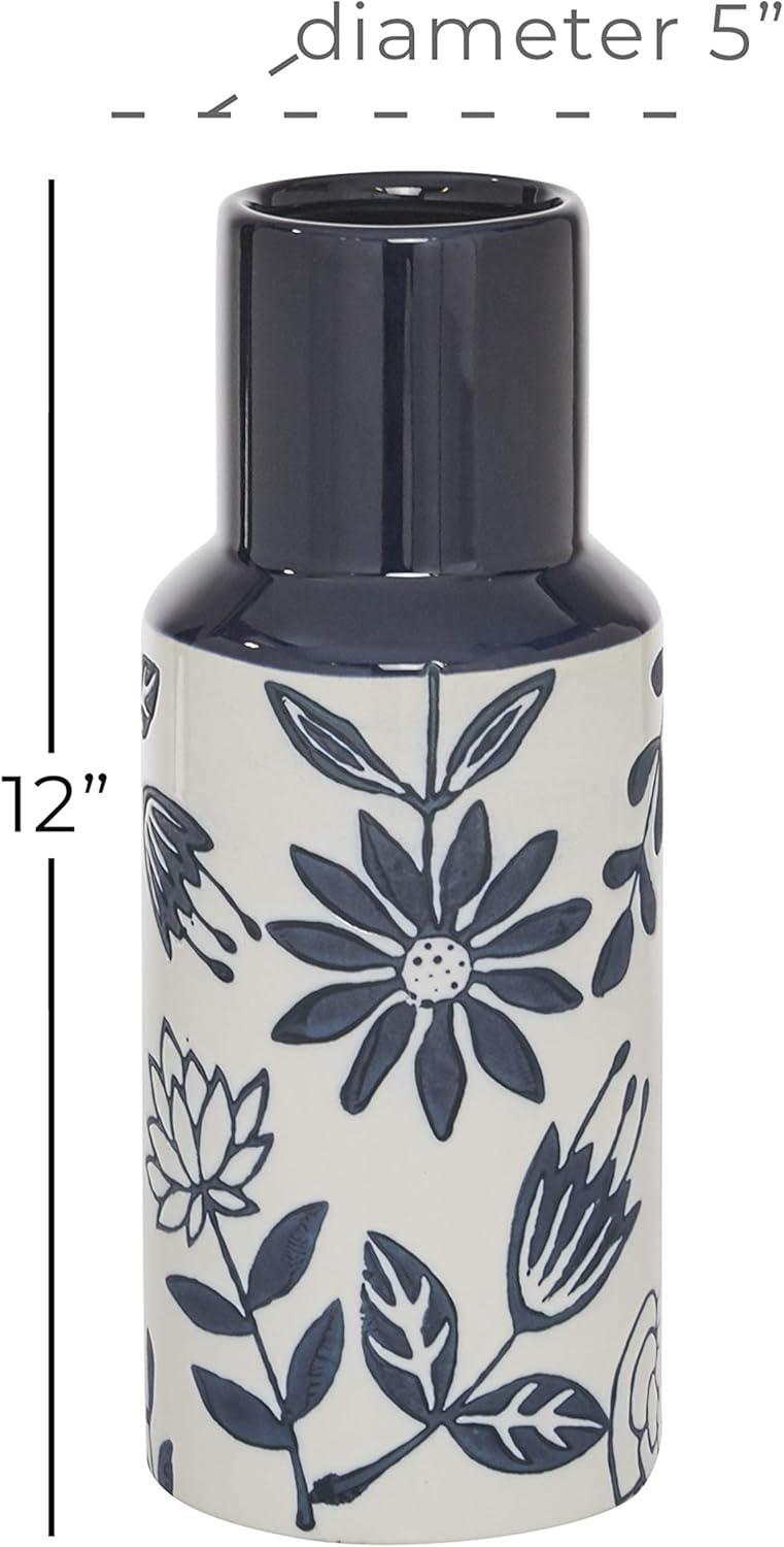 The Novogratz 12" Floral Handmade Blue Ceramic Vase