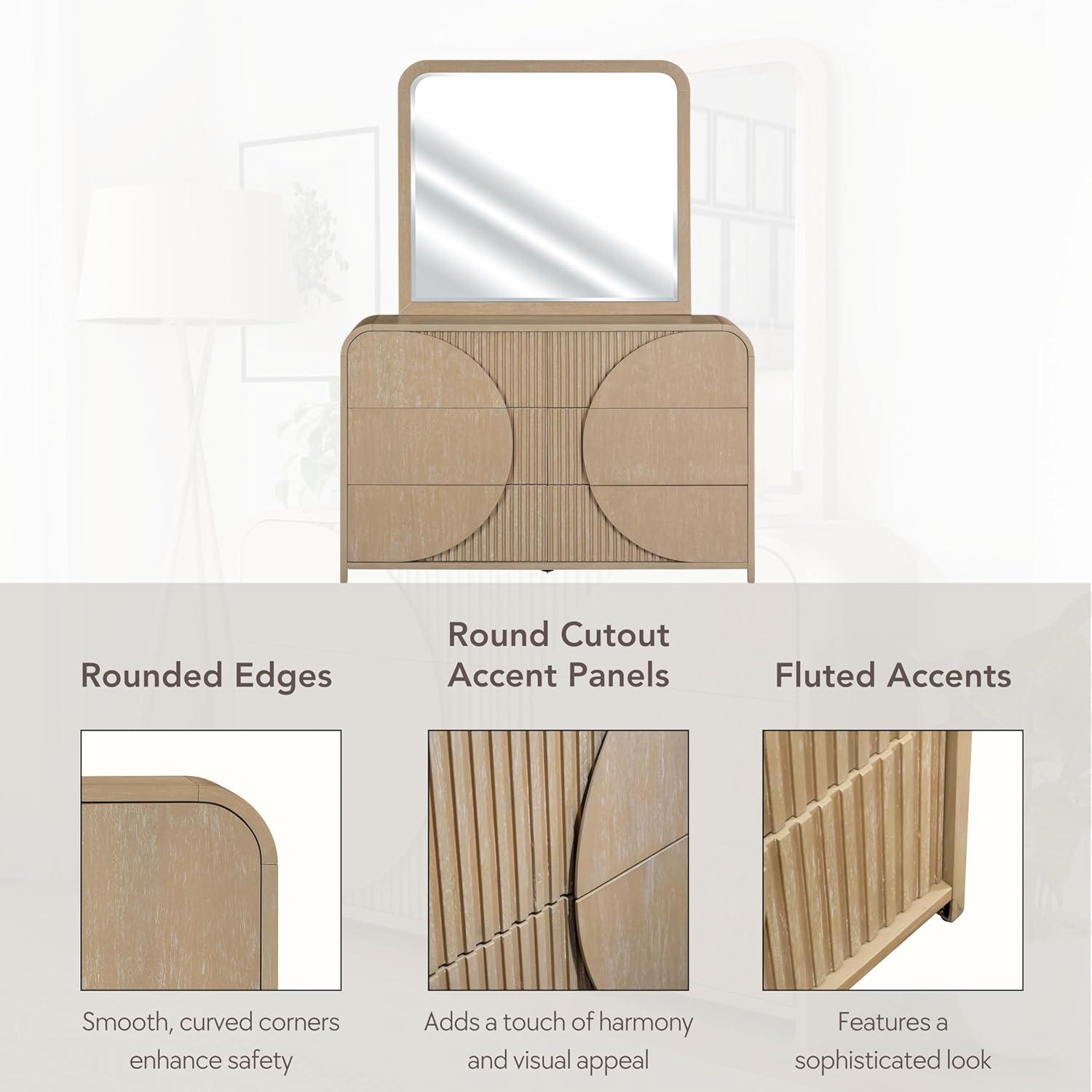 Furniture of America Tissen Modern Solid Wood 5-Piece Queen Bedroom Set with USB Ports, Reeded Panels, Curved Edges and Beveled Mirror, Box Spring Needed, Natural