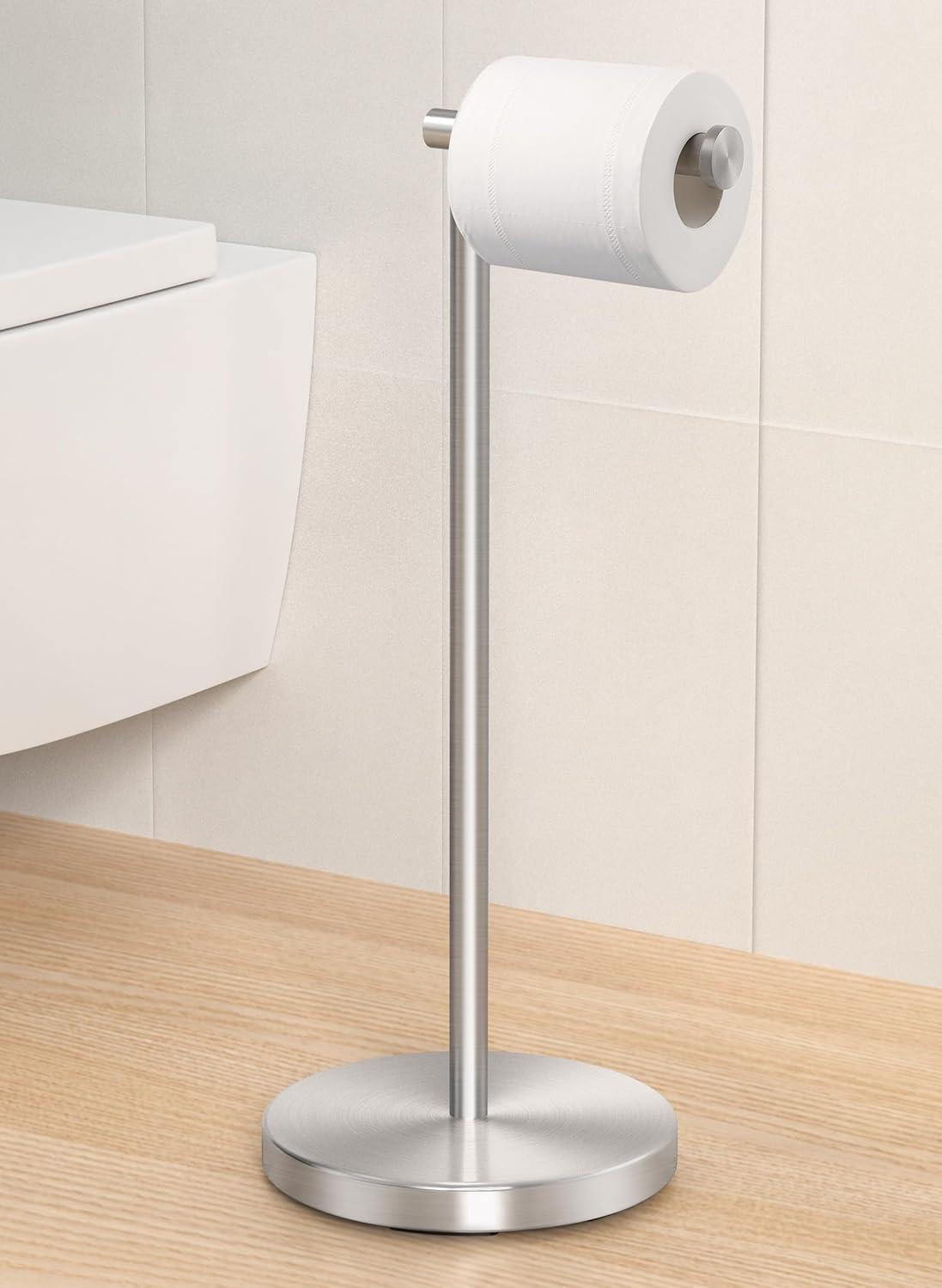 Brushed Steel Freestanding Toilet Paper Holder with Heavy Base