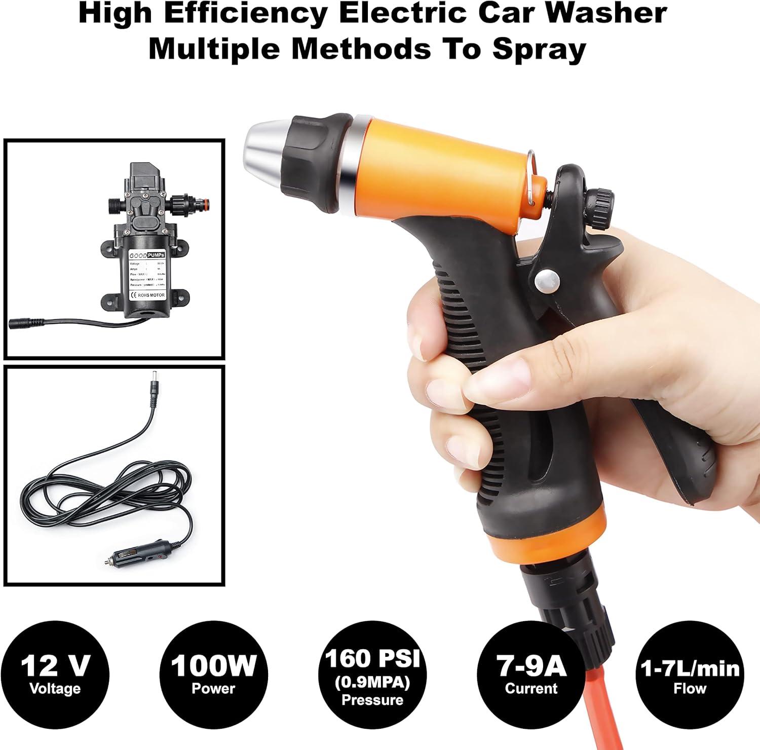Portable Intelligent Electric Pressure Washer Pump 100W 160 PSI 12V Portable Pressure Powerful Washing Kit with 21.3 Feet PVC Hose for Home, Car, Garden, Projects (100 W-Black Hose)