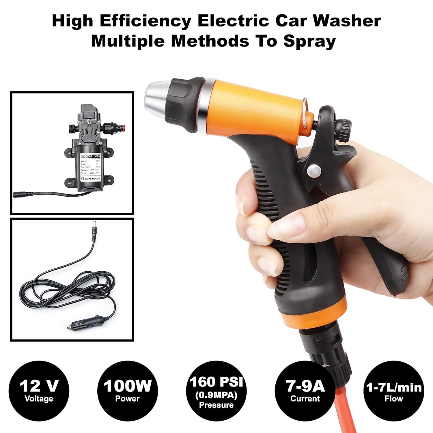 Portable Intelligent Electric Pressure Washer Pump 100W 160 PSI 12V Portable Pressure Powerful Washing Kit with 21.3 Feet PVC Hose for Home, Car, Garden, Projects (100 W-Black Hose)