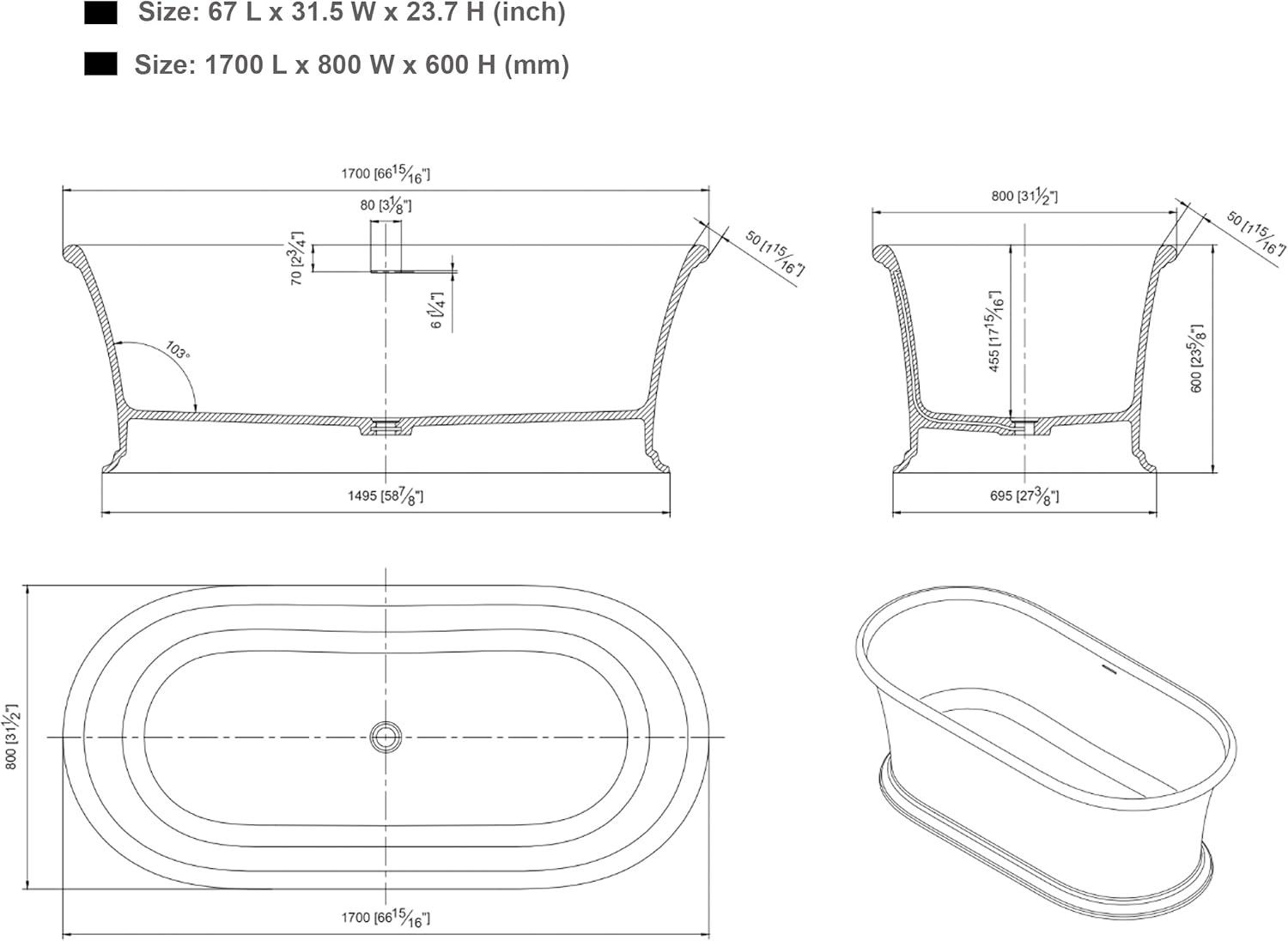 67'' White Acrylic Freestanding Oval Soaking Bathtub