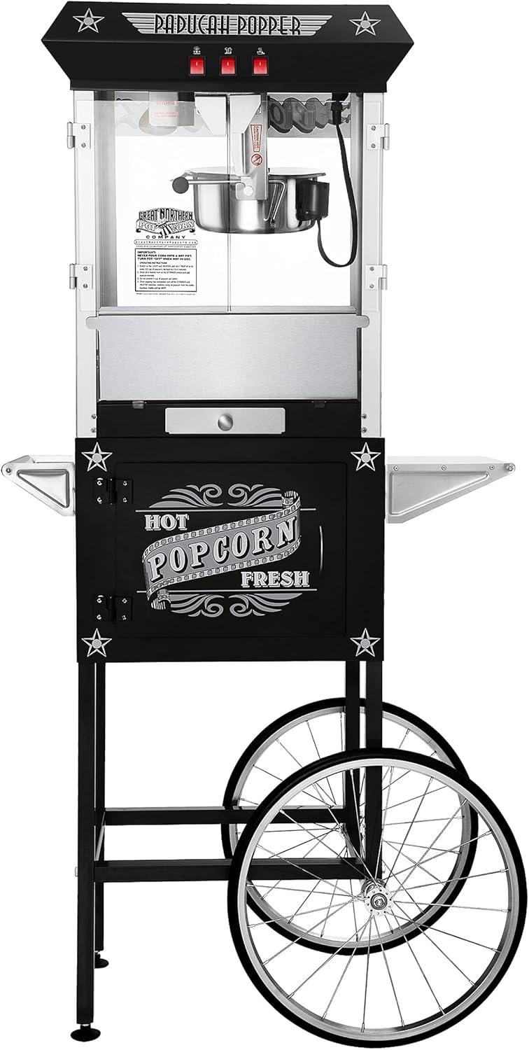 Great Northern Popcorn 8 oz. Kettle Antique-Style Popcorn Popper Machine With Cart - Black