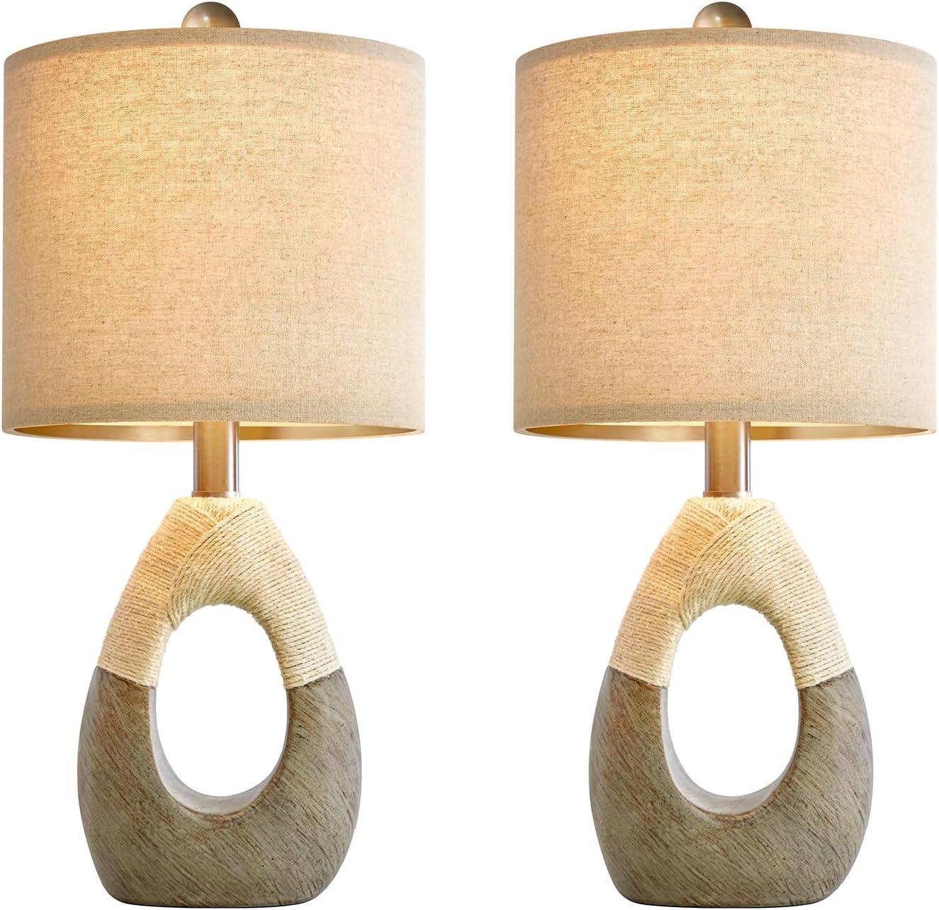 OYEARS 19” Boho Table Lamps Bedroom Living Room Set 2,Suitable for Small Space,Small Farmhouse RattanTable Lamp Rustic Egg Design Resin Light Decoration,Nightstand Bedside Lamps for Office Study Rest