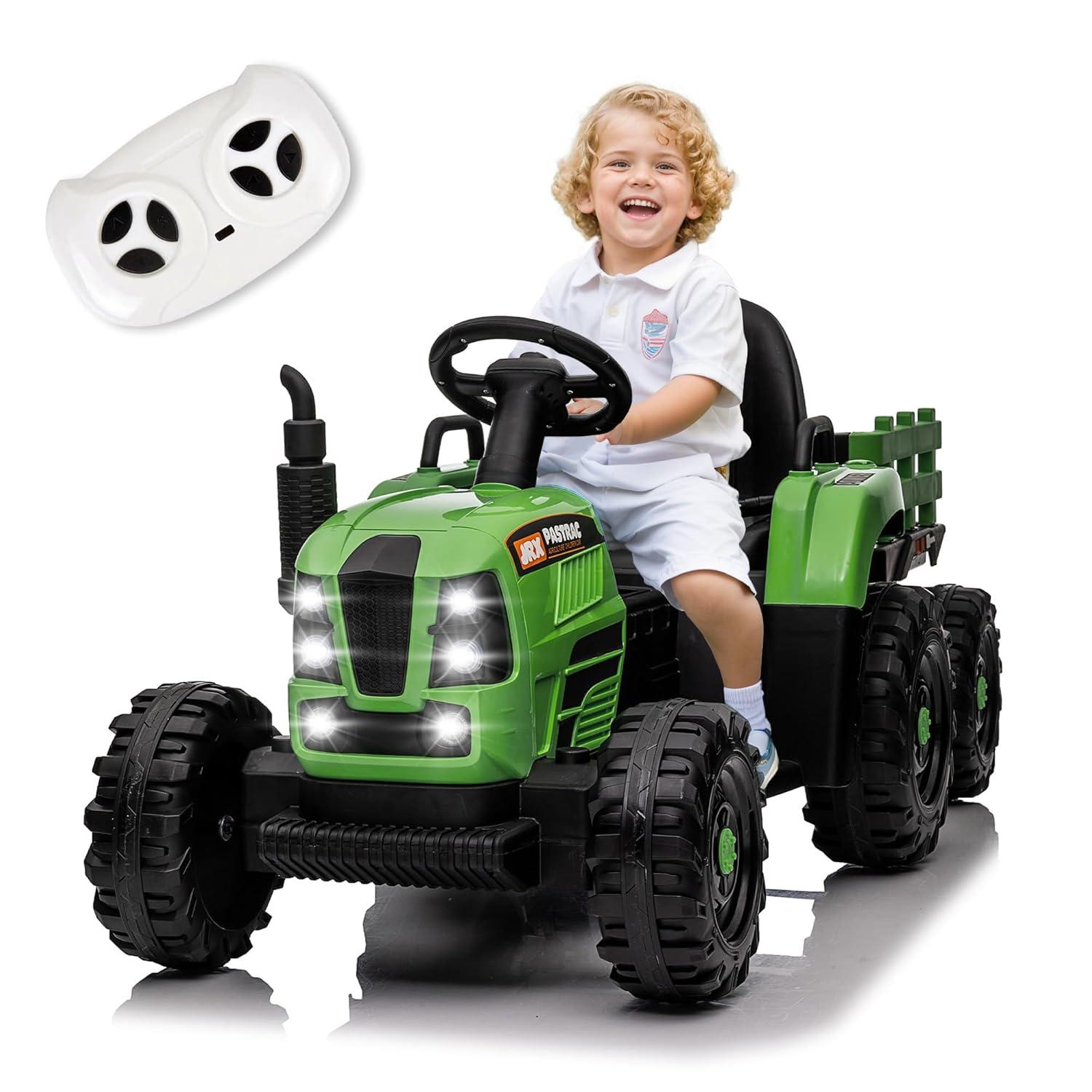 24V 400W Powered Electric Tractor for Kids, 3-Speed Ride On Tractor with Remote Control, USB/MP3/Bluetooth, LED Lights, Safety Belt, 1.86-4.97 MPH，Green