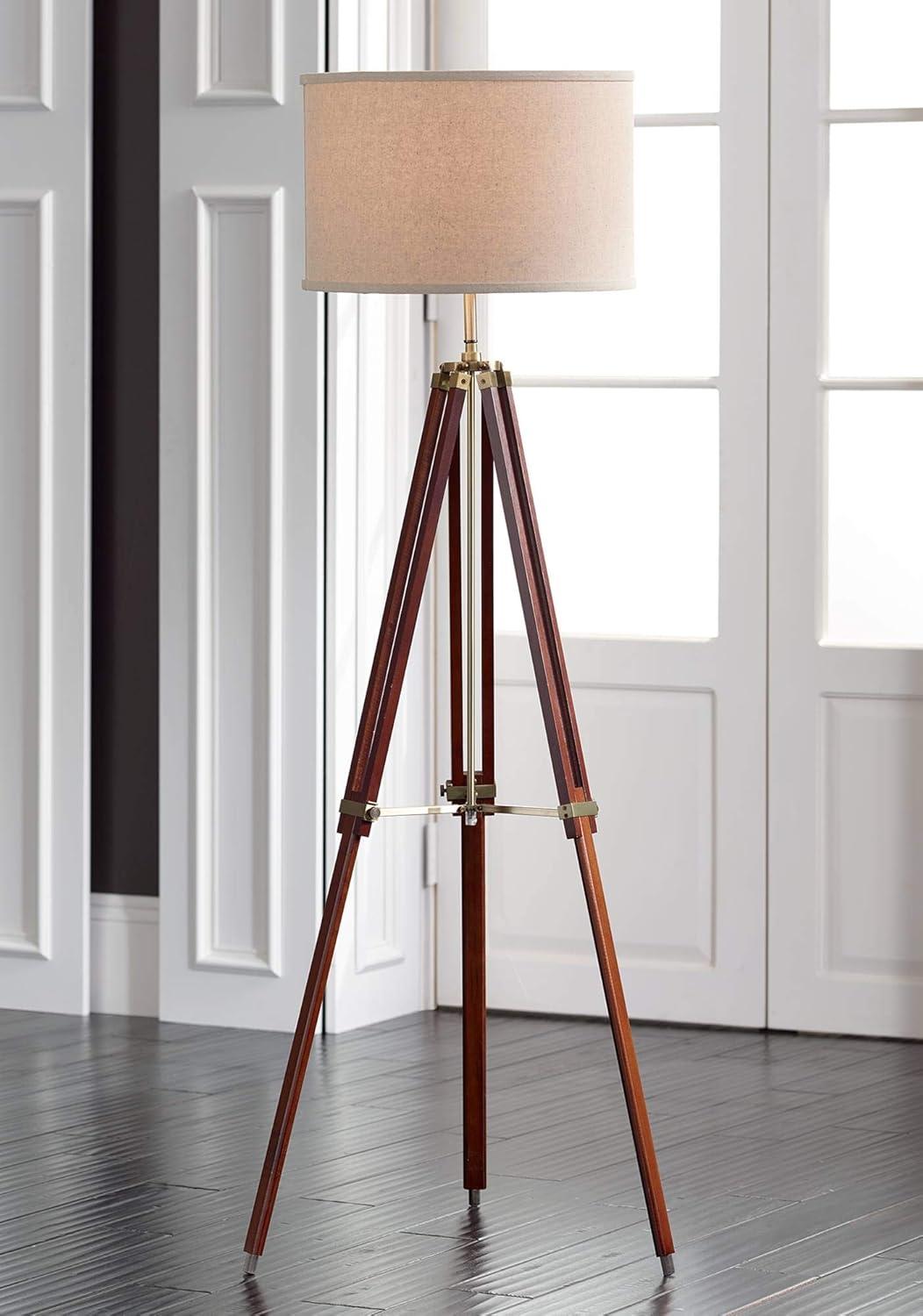 Possini Euro Design Surveyor Modern Tripod Floor Lamp 57 1/2" Tall Cherry Wood Adjustable Beige Linen Drum Shade for Living Room Bedroom Office House