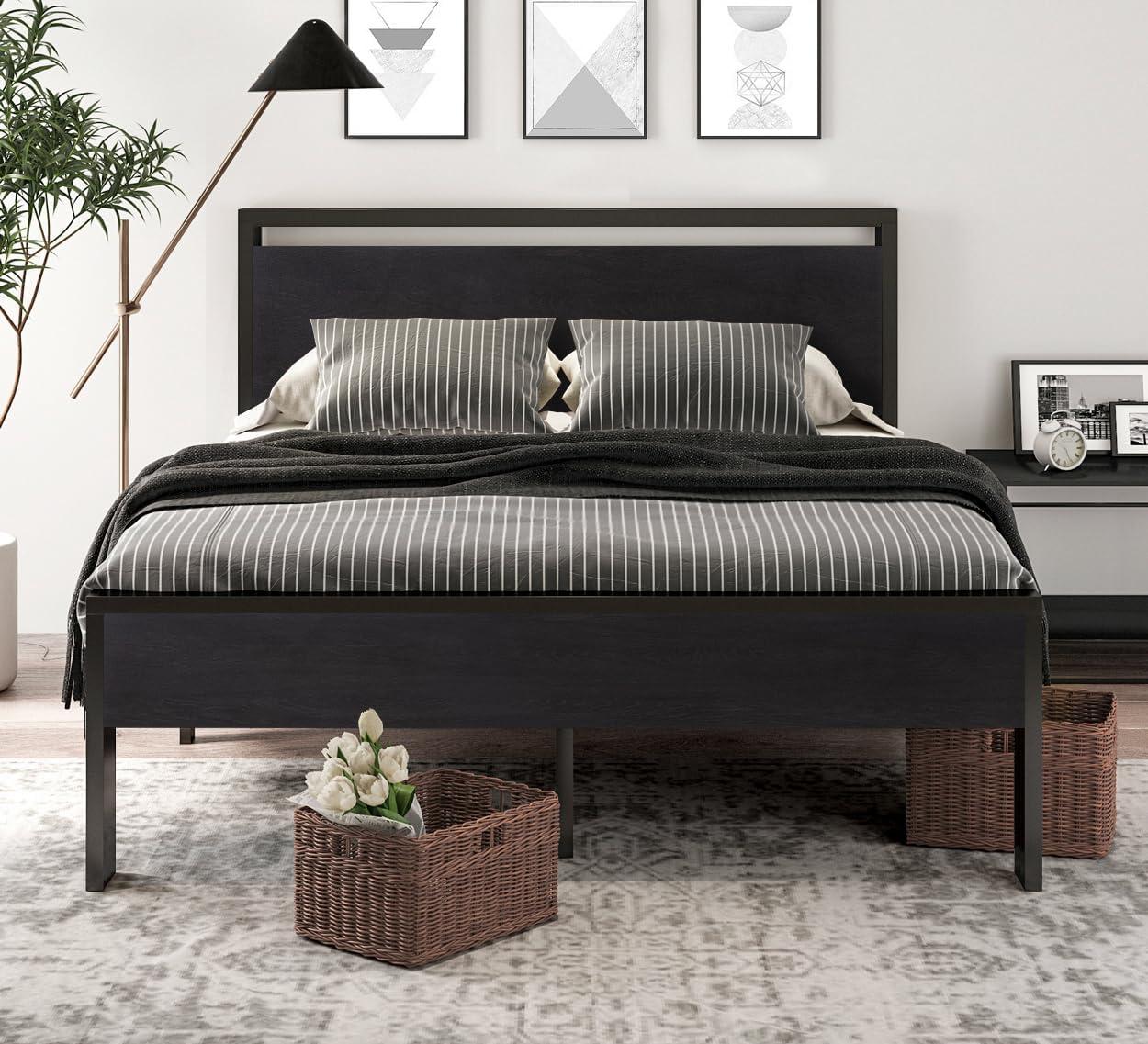 14 Inch Queen Size Metal Platform Bed Frame with Wooden Headboard and Footboard,No Box Spring Needed