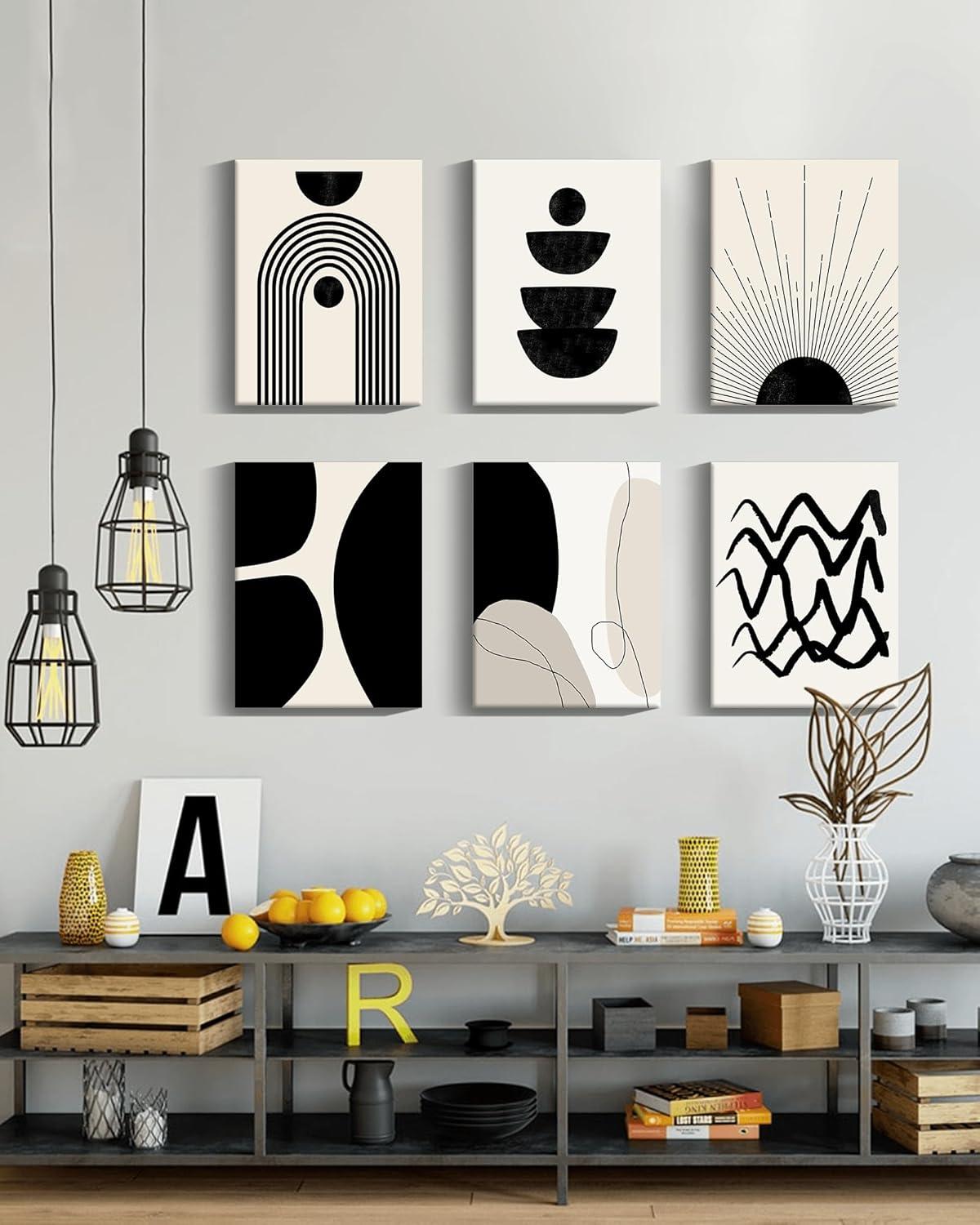 Abstract Boho Wall Art Minimalist Geometric 𝗙𝗿𝗮𝗺𝗲𝗱 Wall Decor 12x16in Boho Room Decor Black Brown Beige Line Art Canvas Painting Mid Century Modern Prints Bohemian Posters for Living Room