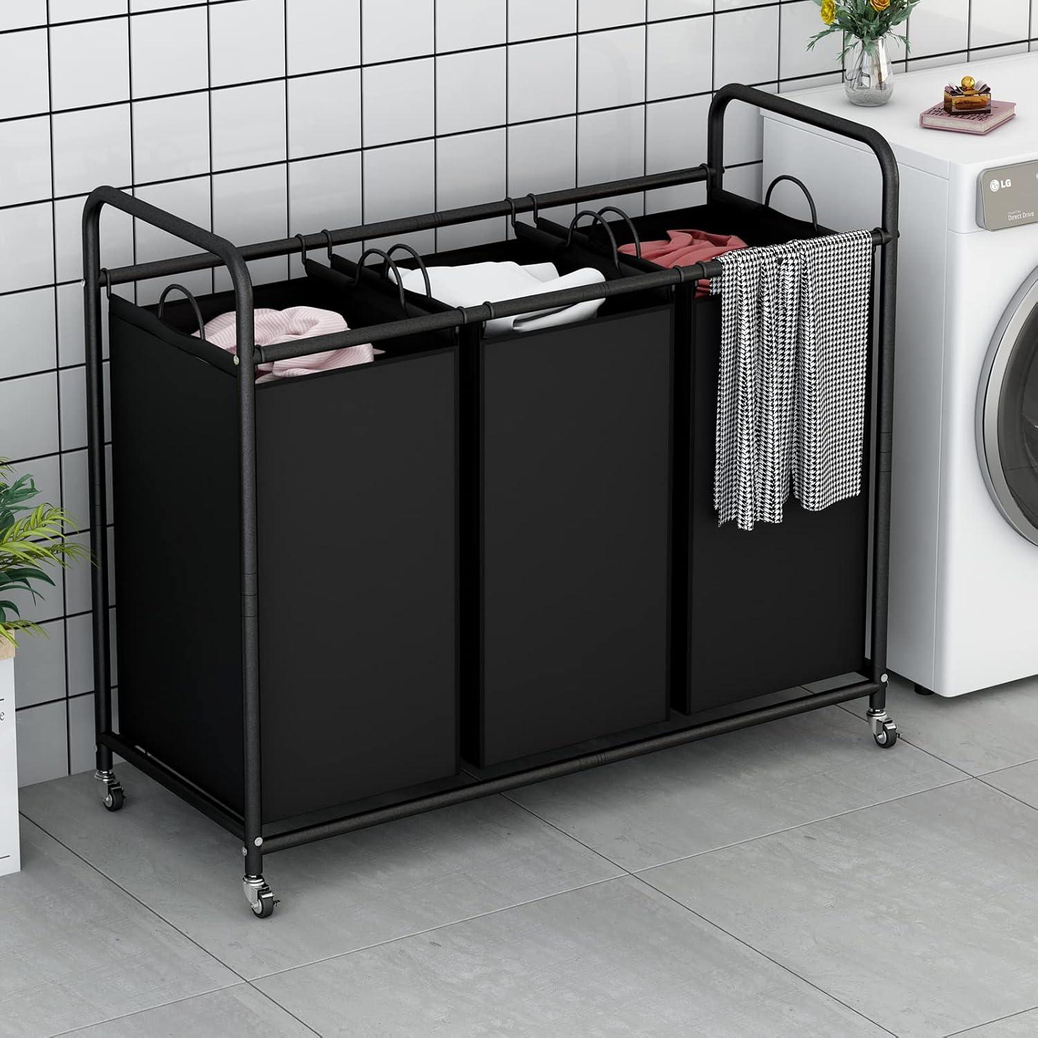 3-Bag Laundry Basket Hamper Laundry Sorter Cart laundry room organization with Heavy Duty Rolling Lockable Wheels and Removable Bags (Black)