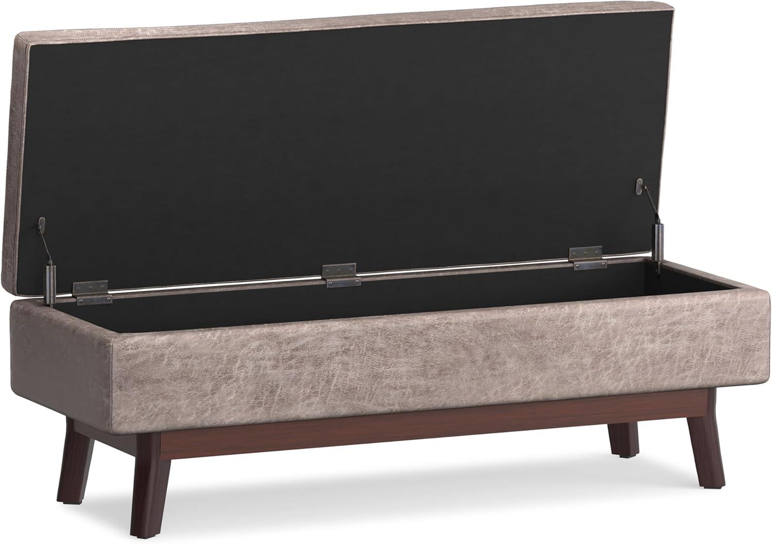 Simpli Home Owen 34 inch Wide Mid Century Modern Rectangle Tray Top Small Coffee Table Storage Ottoman in Distressed Grey Faux Leather