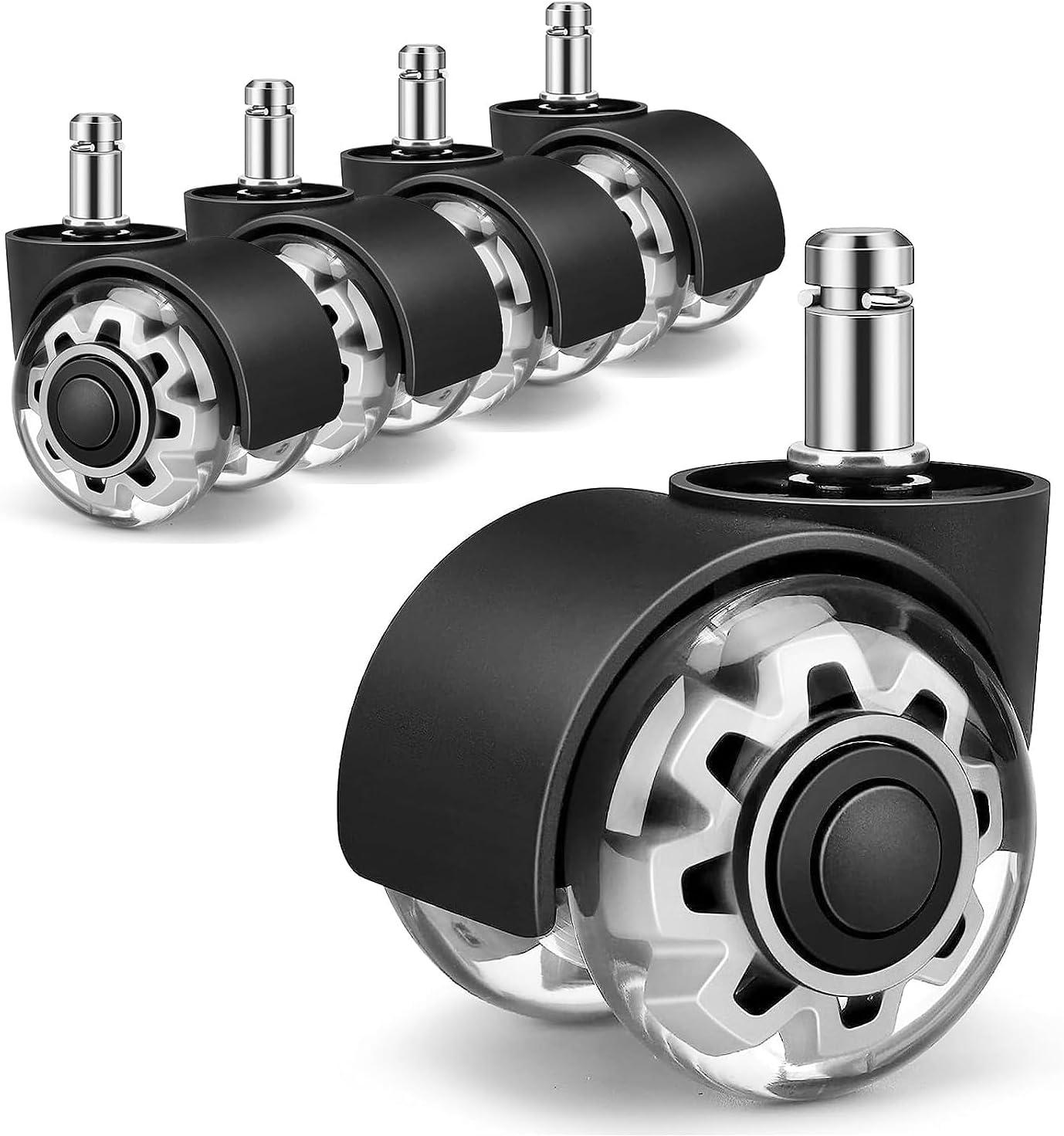Office Chair Caster Wheels 2" Dual Wheels Set of 5 for Tile and Hardwood Floors, Universal Fit for Most Chairs (Transparent)