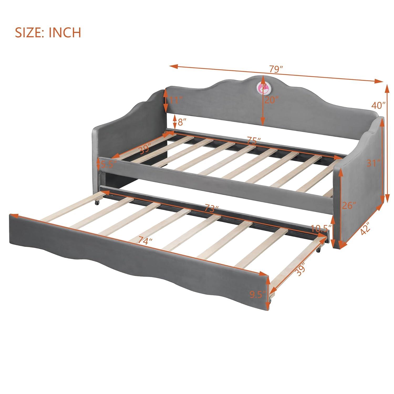 Ball & Cast Upholstered Twin Size Daybed with Trundle, Sofa Bed Frame with Wave-Shaped Back & Arm & Wood Slat Support, No Box Spring Needed, Gray