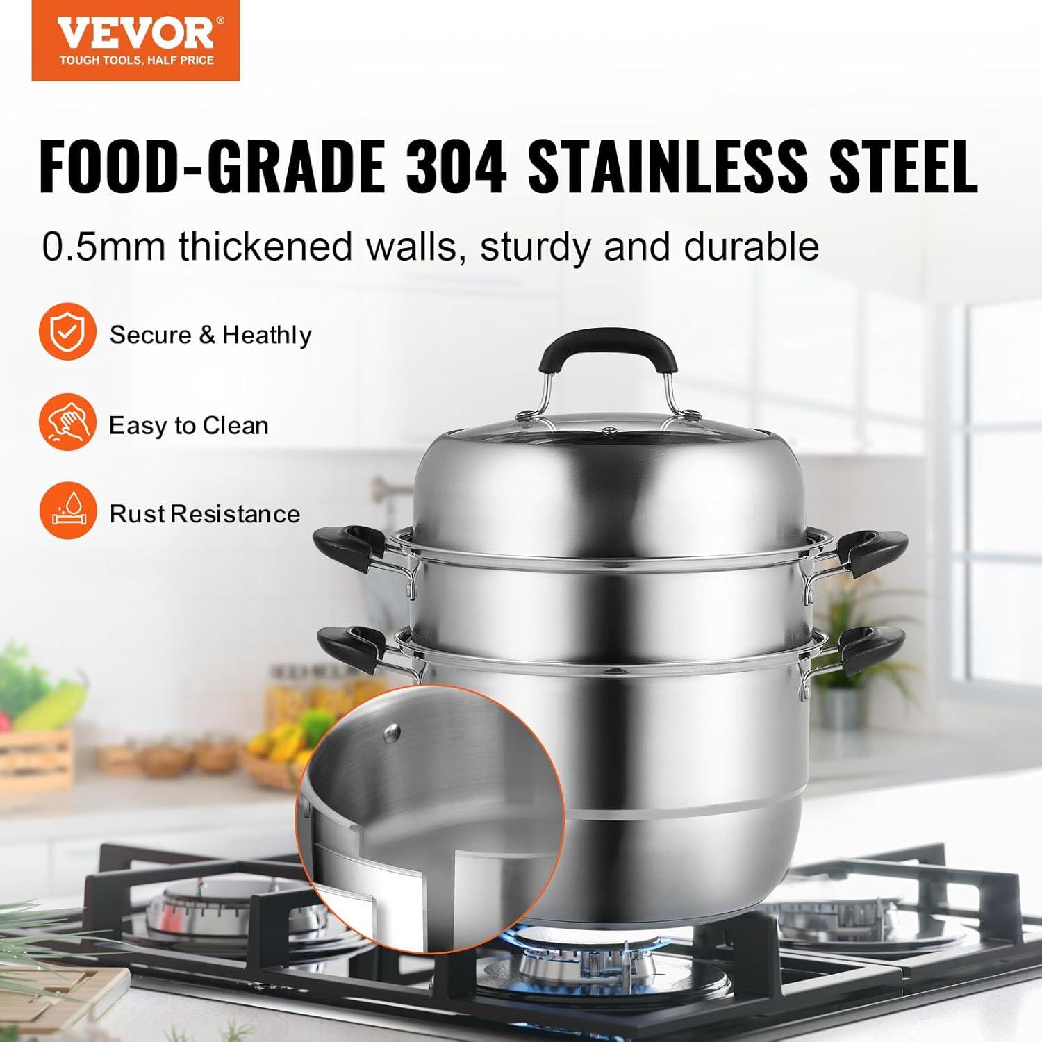 Stellweilan Tessberg Steamer Pot 11in/28cm, 3 Tier Steamer Pot for Cooking with 8.5QT Stock Pot, Vegetable Steamer & 2 Steaming Tray, Food-Grade 304 Stainless Steel Food Steamer Cookware for Gas Electric Stove Grill
