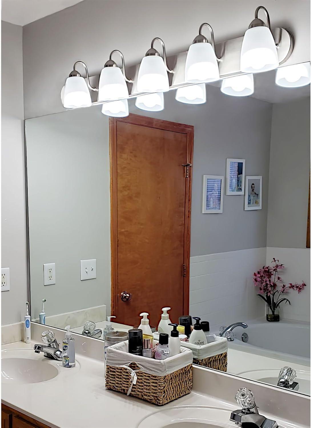 Kira Home Armada 37" 5-Light Over Mirror / Bathroom Light, Frosted Glass Shades, Curved Arms, Brushed Nickel
