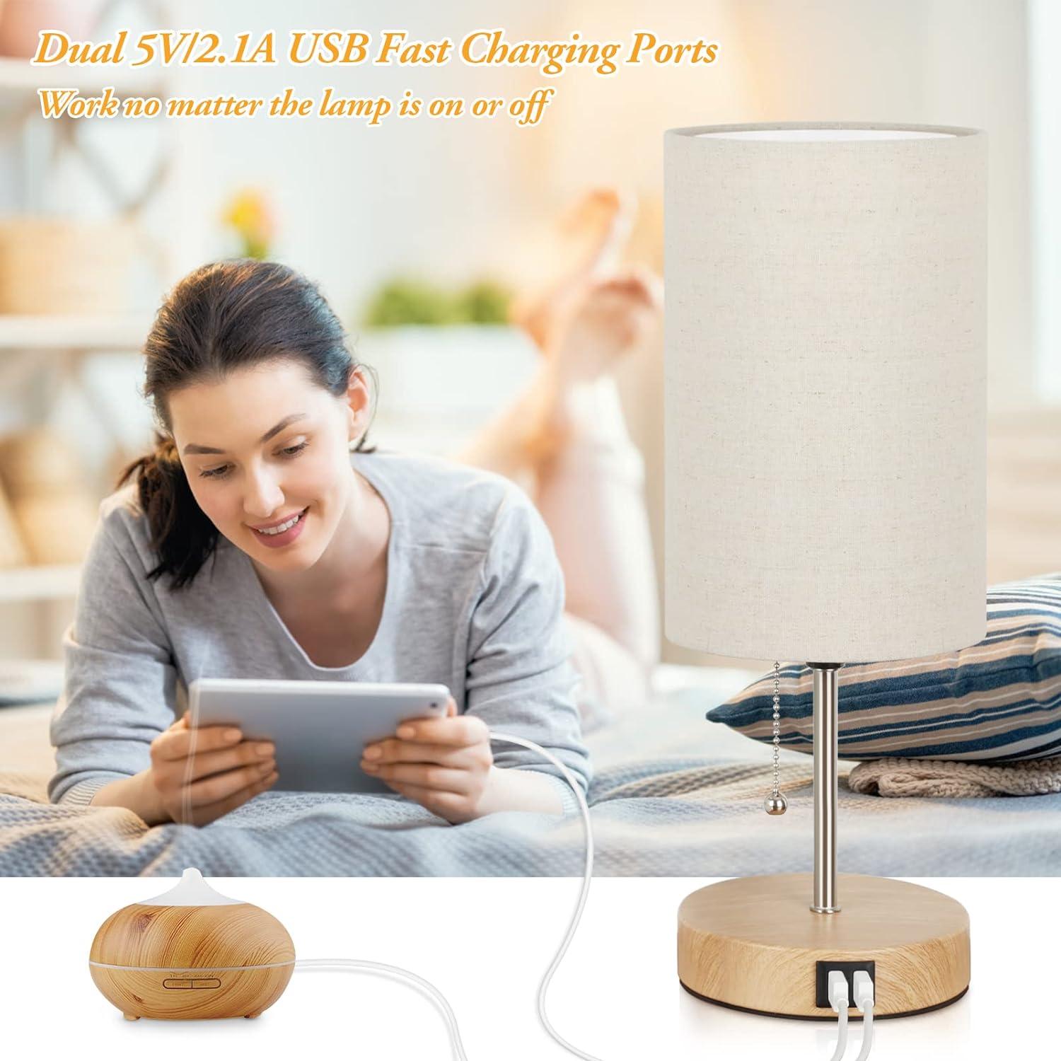 Lakumu Set of 2 Table Lamps with 2 USB Ports, Modern Bedside, Desk Lamps with Pull Chain, Nightstand Lamps with Cream Fabric Shade and Oak Metal Base for Living Room Bedroom Office Reading Dorm Hotel