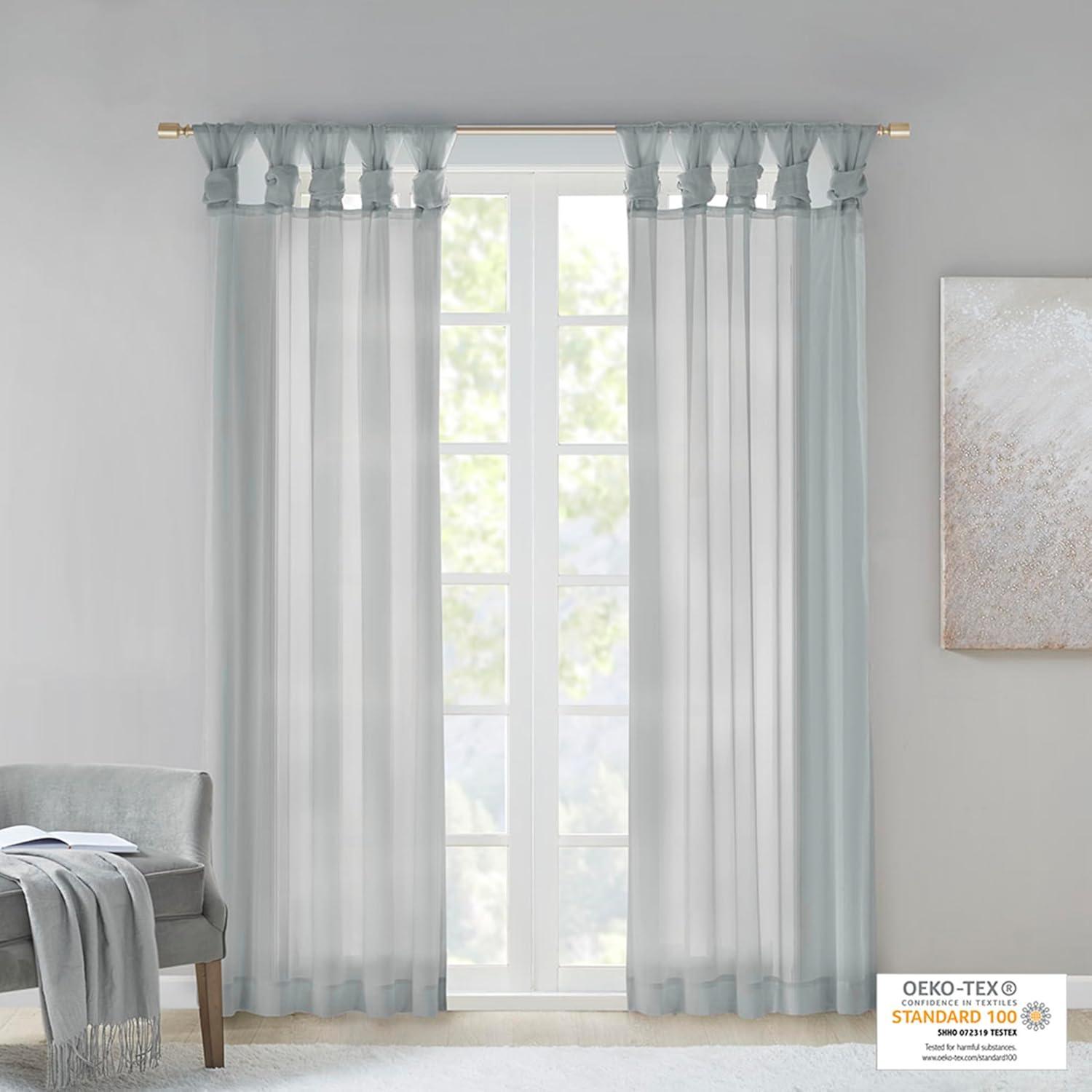 Madison Park Ceres Adult Twisted Tab Voile Sheer Curtain Panel Pair Light Grey 50x63 - Indoor Living Room