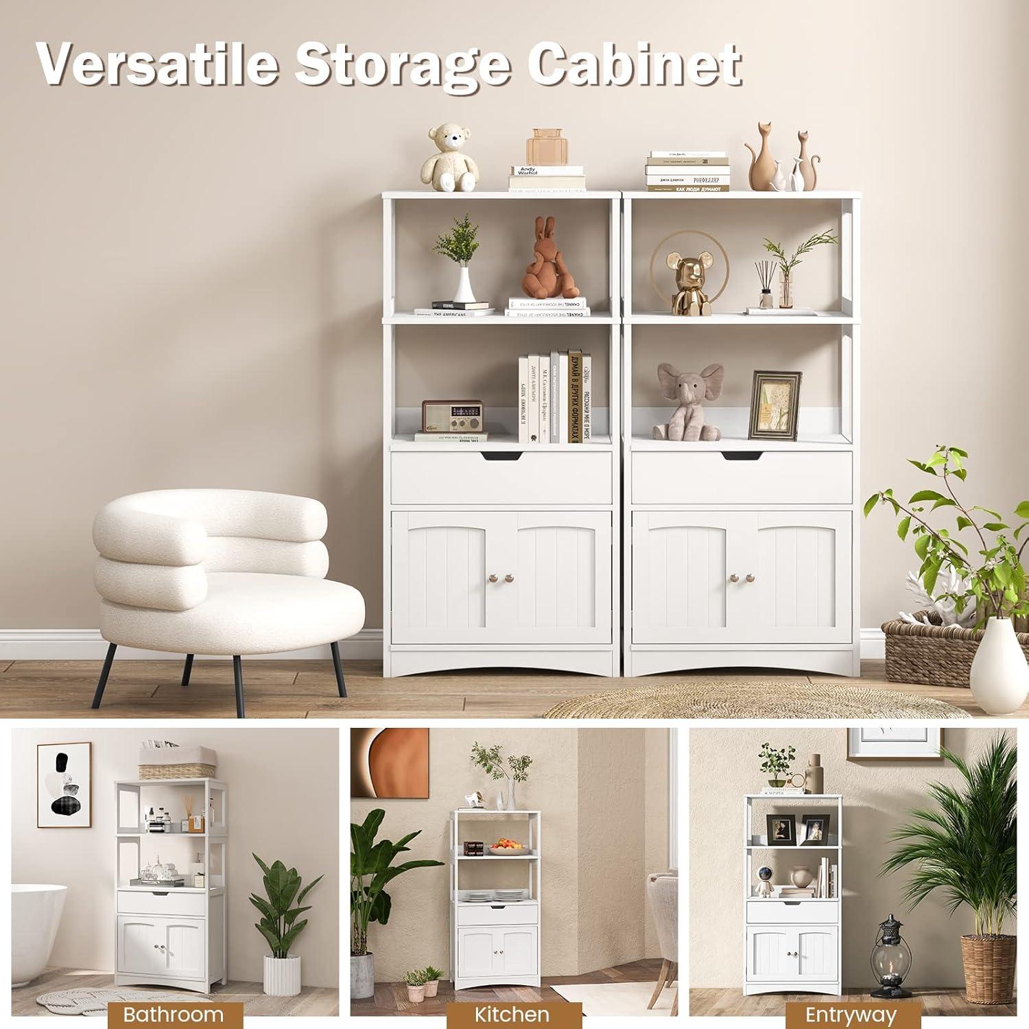 White Painted Engineered Wood Freestanding Cabinet with Shelves