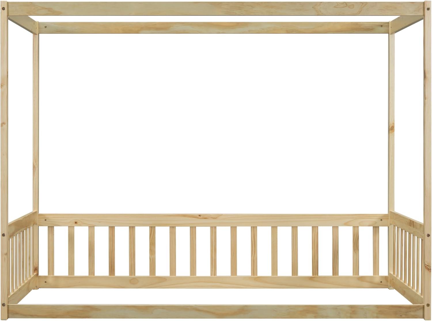 Canopy Frame Twin Size Floor Bed for Kids Bedroom,Wood Bed Frame with Fence for Boys/Girls/Teens,No Box Spring Needed,Natural