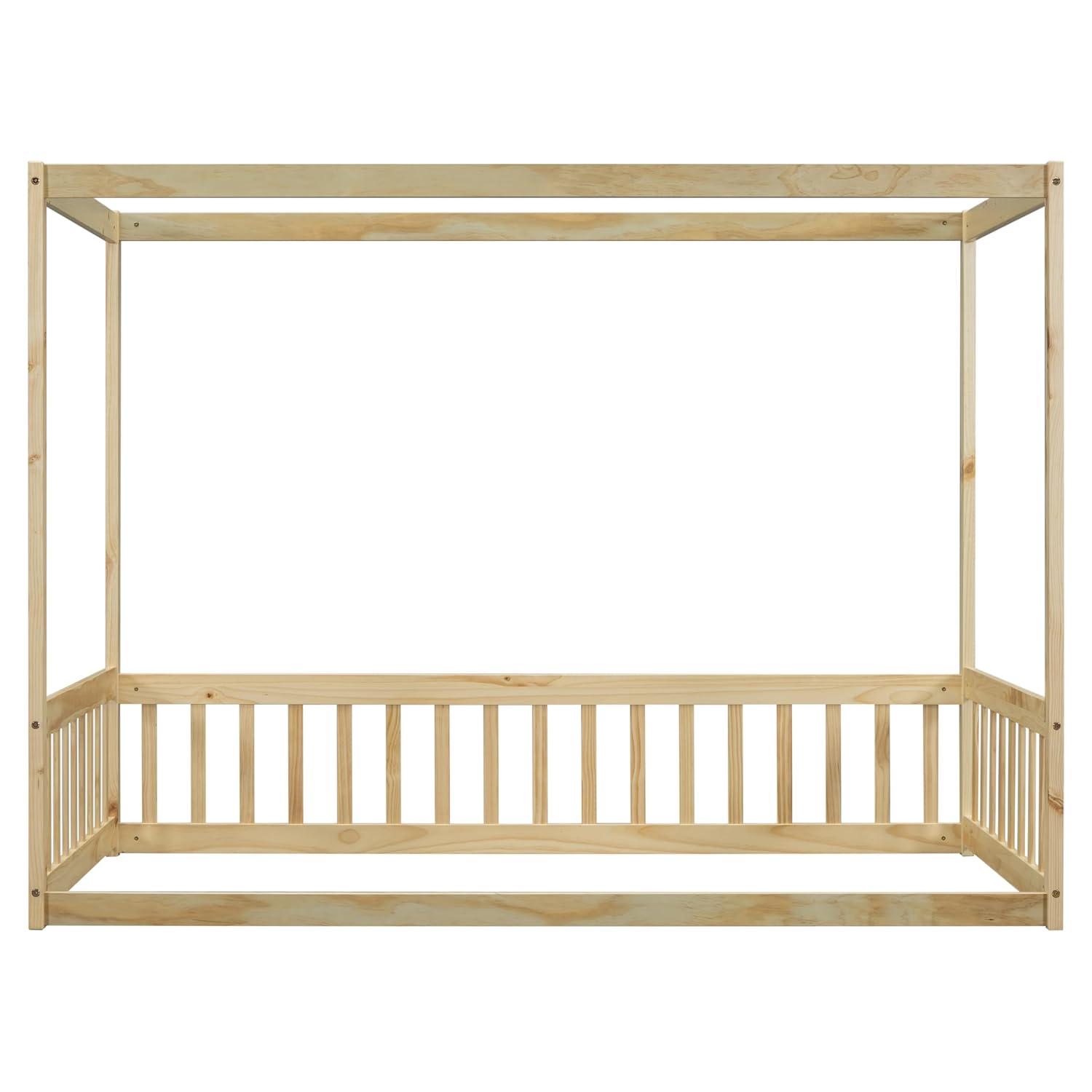 Canopy Frame Twin Size Floor Bed for Kids Bedroom,Wood Bed Frame with Fence for Boys/Girls/Teens,No Box Spring Needed,Natural