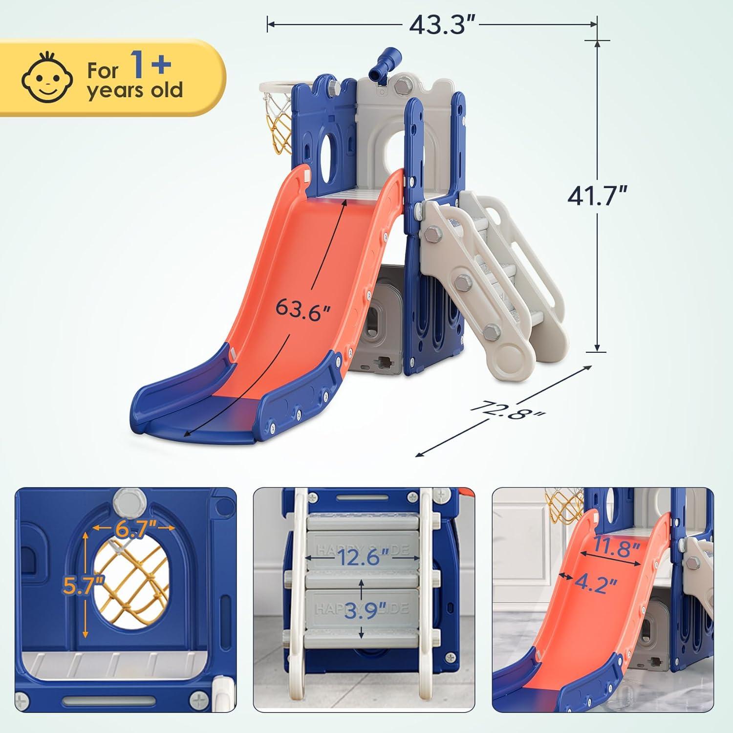 L-Shaped Blue and Orange Toddler Slide with Basketball Hoop