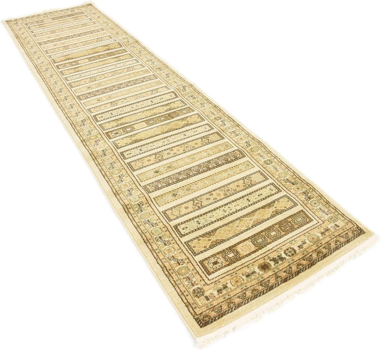 Ivory and Beige Striped Synthetic Runner Rug with Fringe