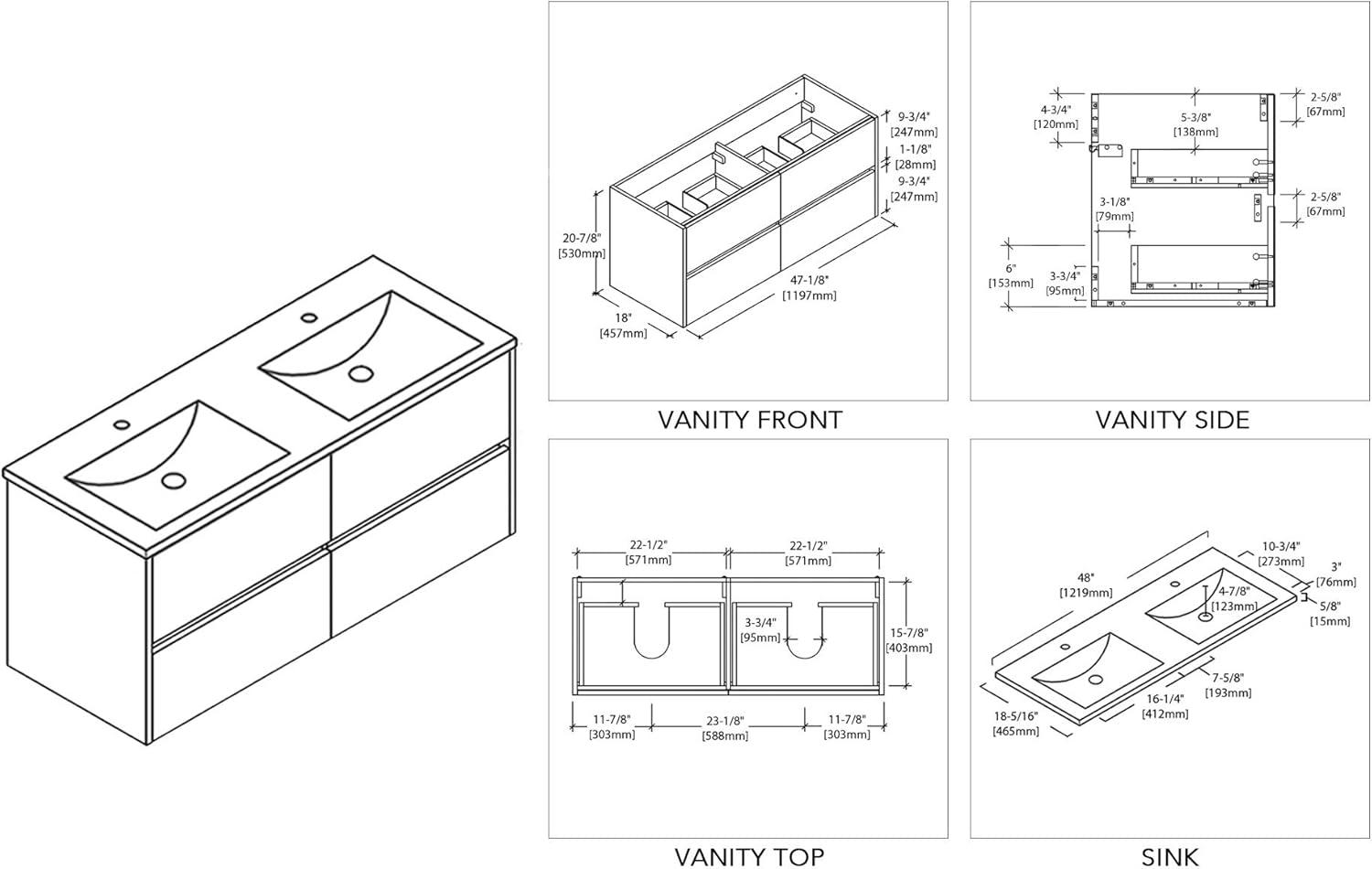 Valencia 48" White Wall-Mounted Double Vanity with Ceramic Sink