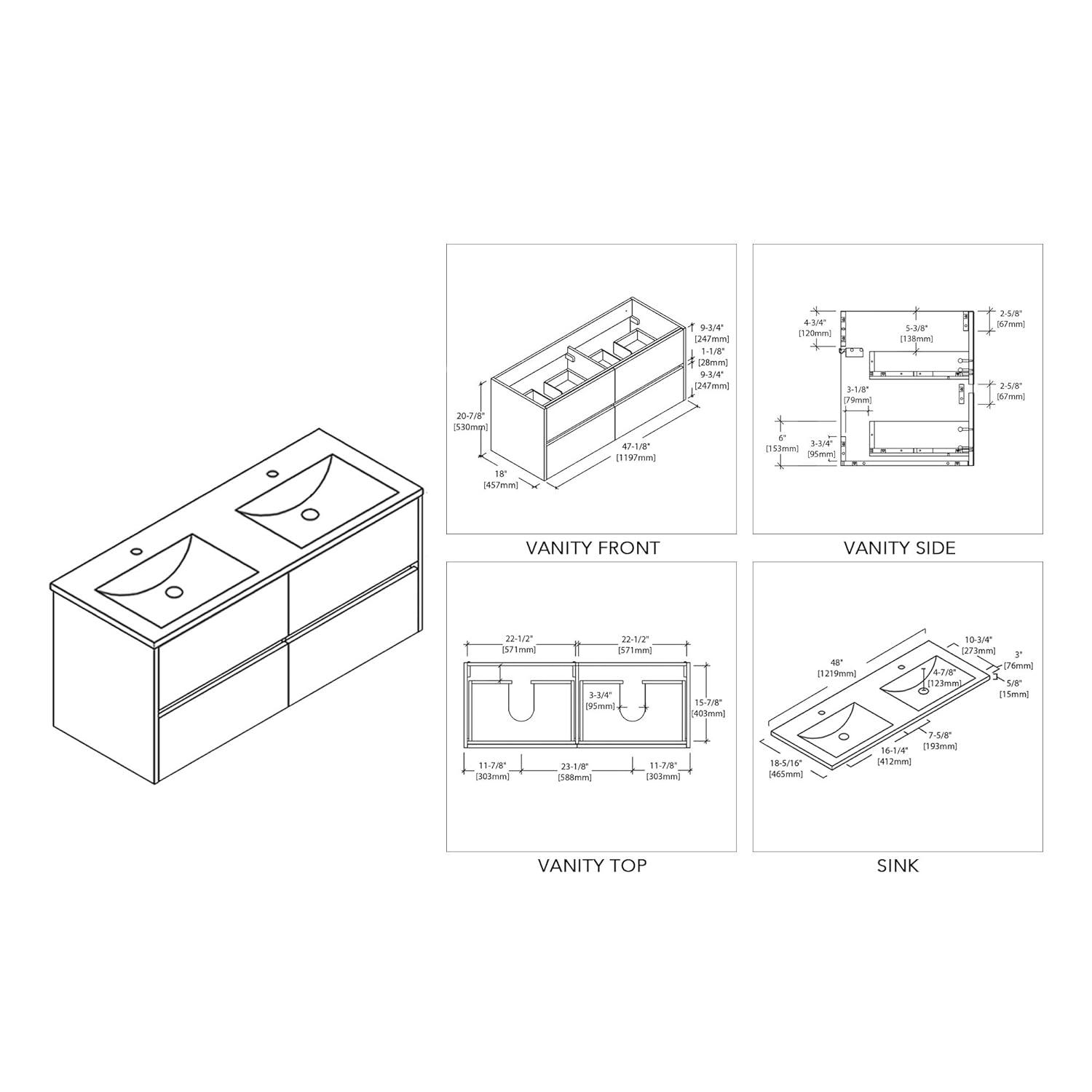Valencia 48" White Wall-Mounted Double Vanity with Ceramic Sink