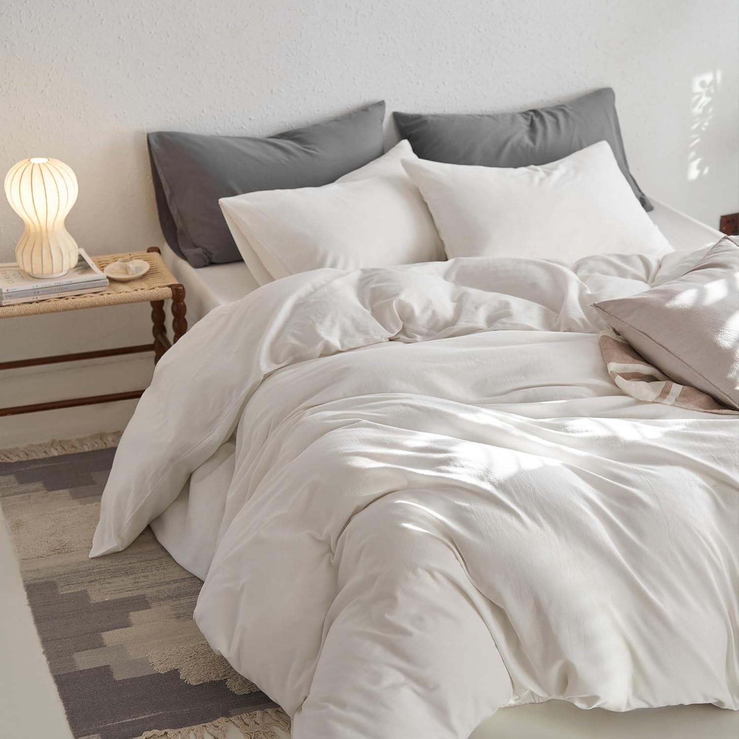 MOOMEE Linen Like Textured 100% Washed Cotton Twill Duvet Cover Set Ultra Soft