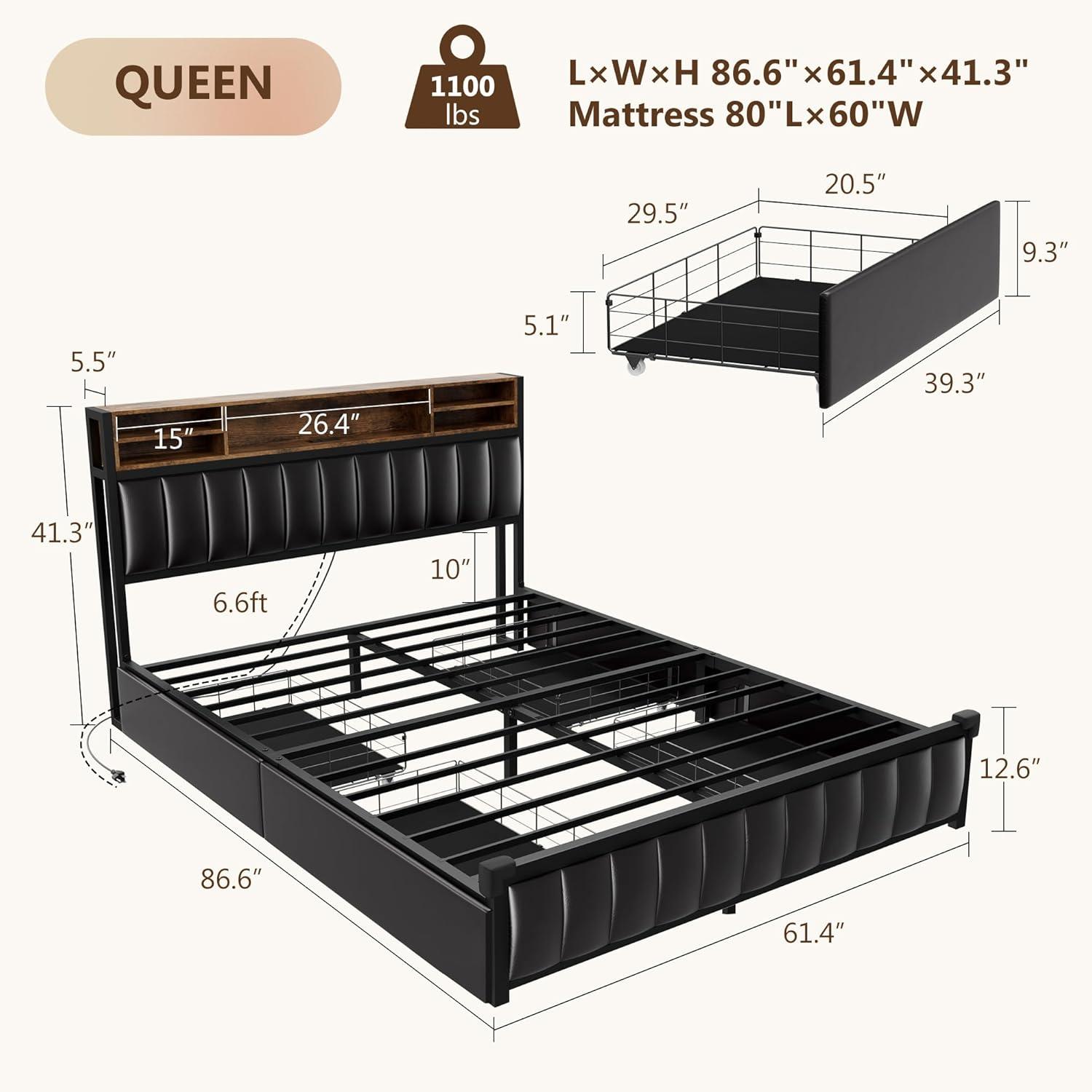 Ivy Bronx Kanchi Upholstered Metal Platform LED Bed Frame with 4 Storage Drawers and Bookcase Headboard, Black
