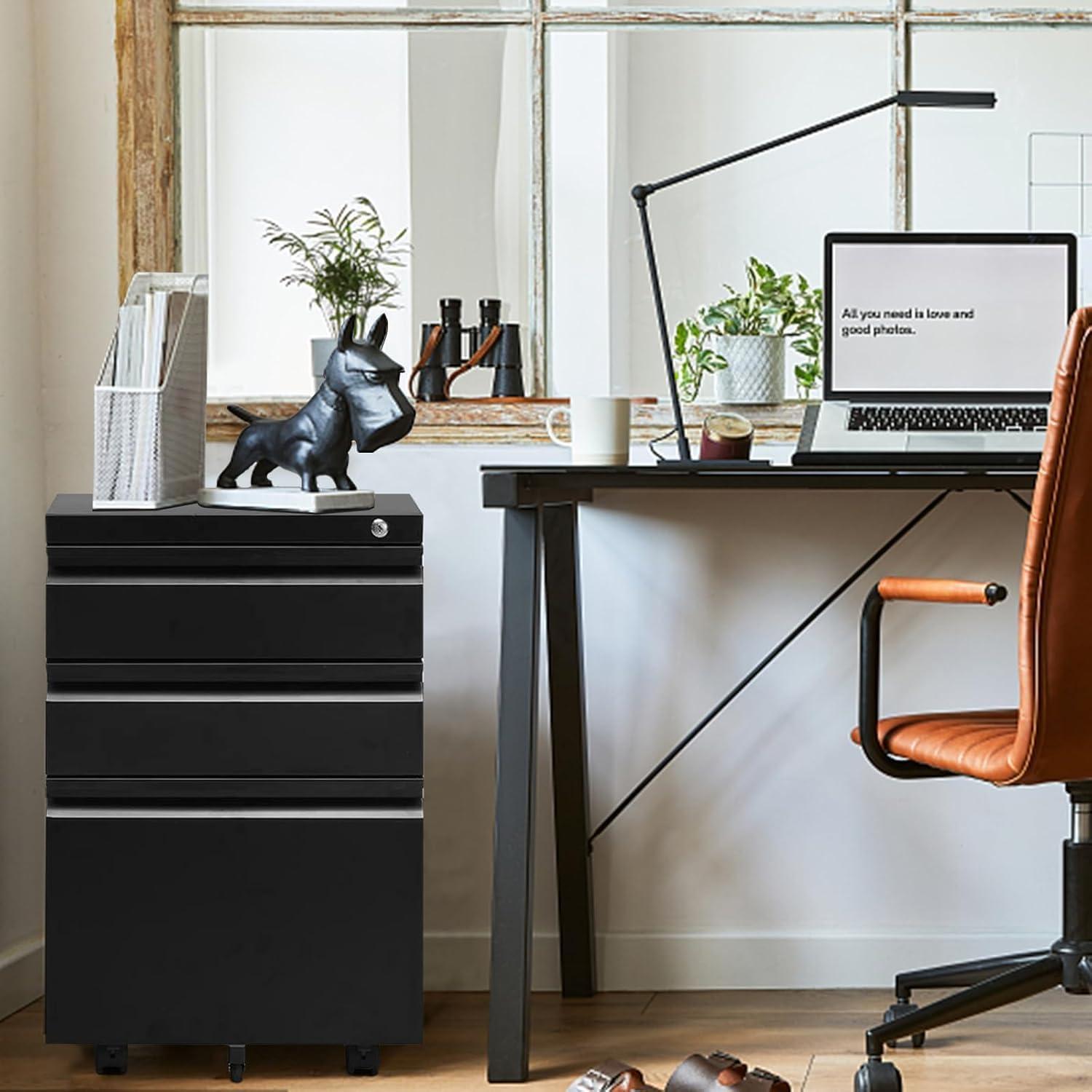 MIIIKO File Cabinet 3 Drawers on Wheels Under Desk, Black Metal Rolling File Cabinets with Lock for Home Office, Un-Assembled Filing Cabinet with Lock