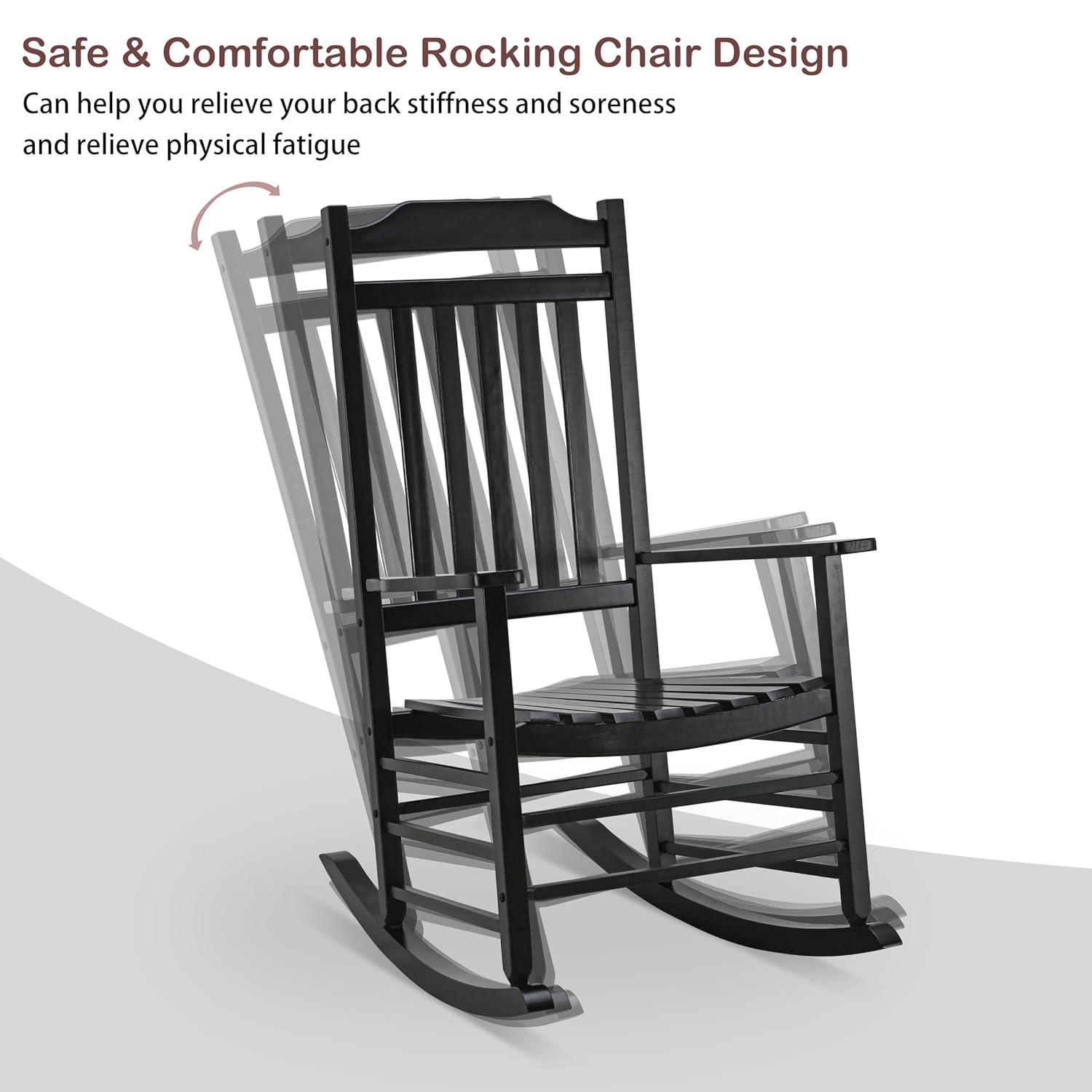Costway Outdoor Wooden Rocking Chair with Solid Rocking Base Slatted Seat & Back Patio Black
