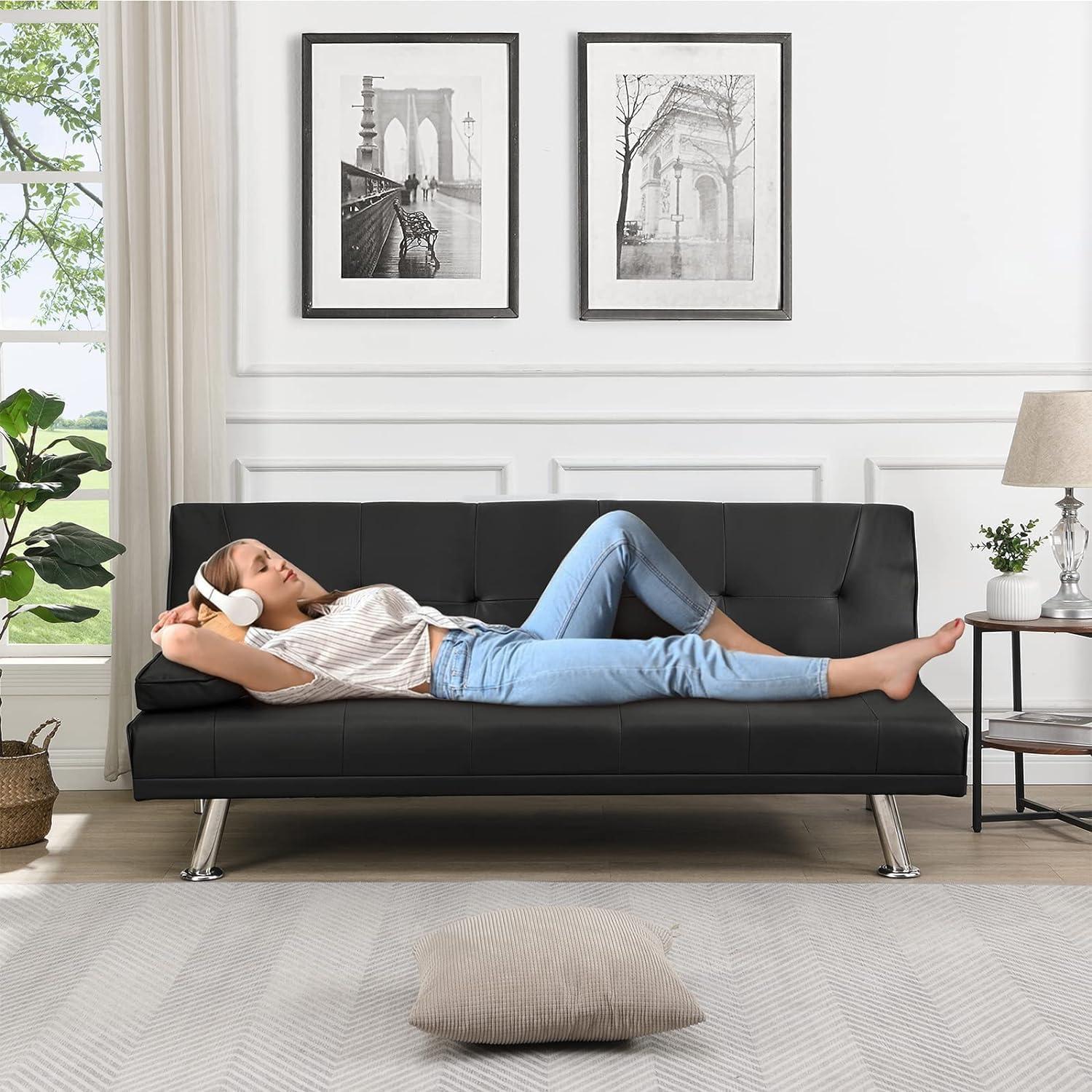 Hbaid Modern Faux Leather Couch Convertible Folding Futon Sofa Bed with 2 Cup Holders, Black