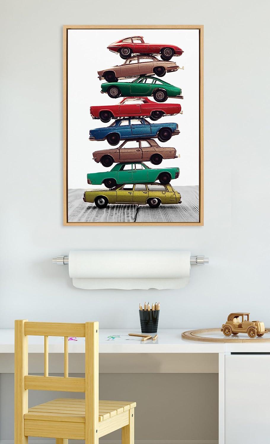 Kate and Laurel Sylvie Stacked Cars Vertical Framed Canvas Wall Art by Saint and Sailor Studios, 23x33 Natural, Modern Colorful Car Toys Art for Wall