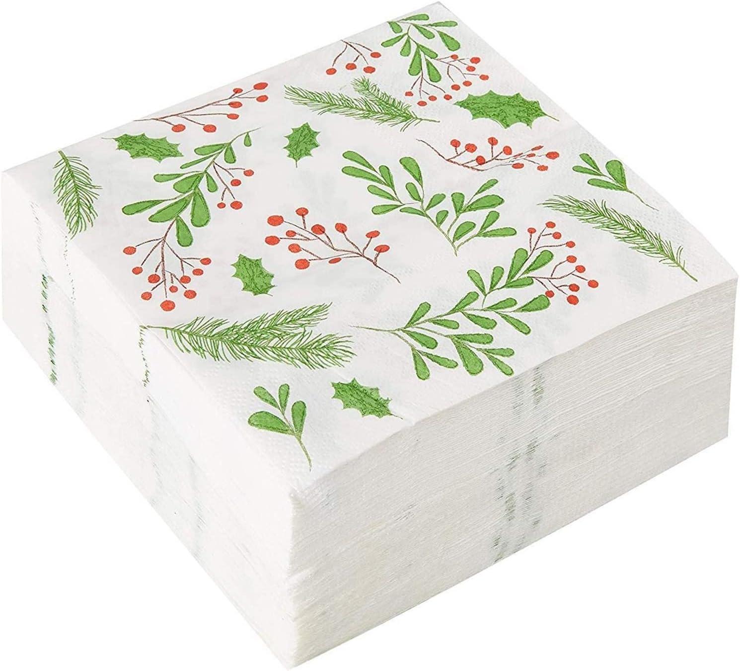 100-Pack Holly Berry Paper Napkins for Christmas Party, Holiday Decor, White (6.5x6.5 In)