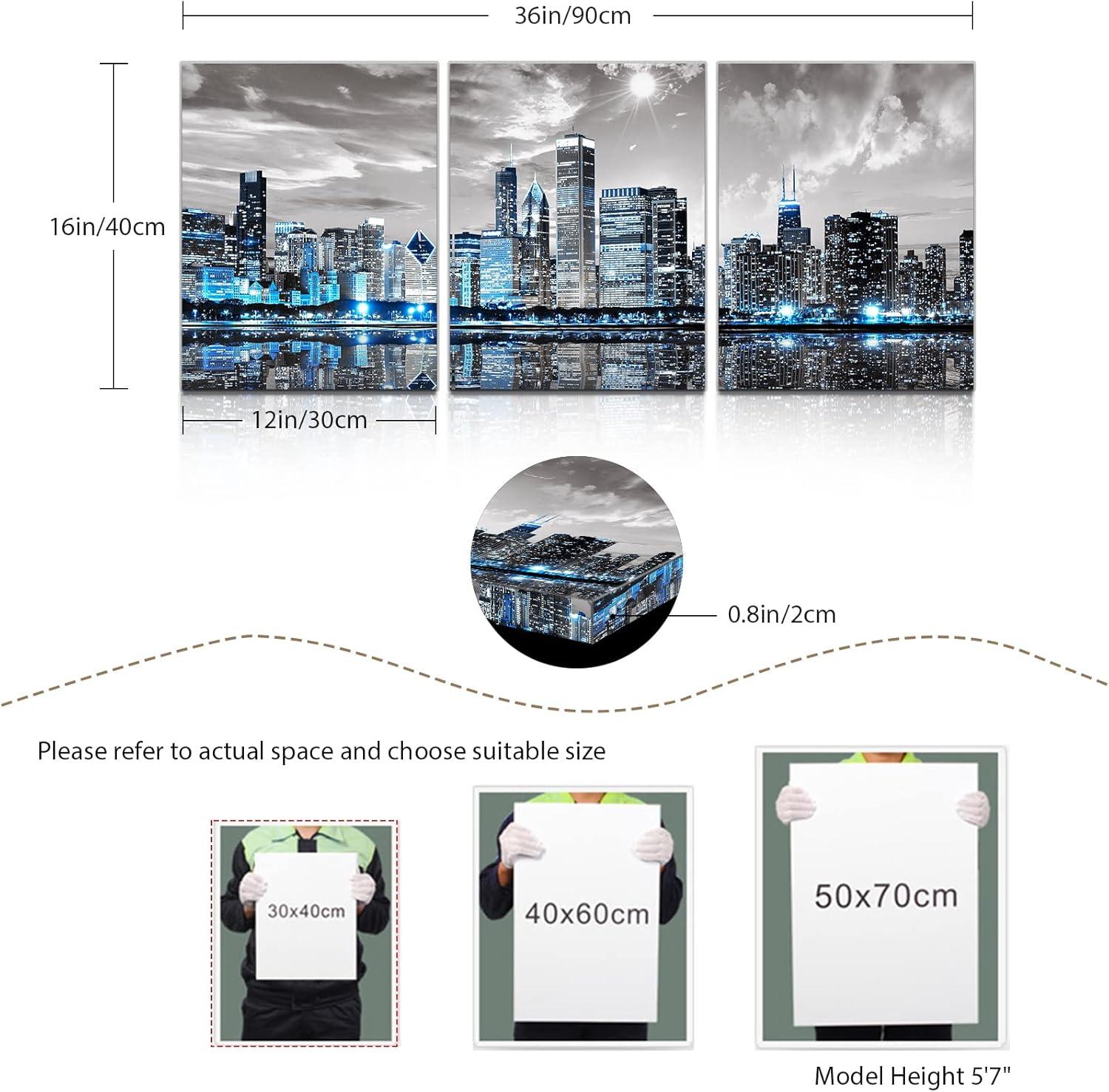 Modern Blue and Gray Chicago Skyline Canvas Wall Art Set