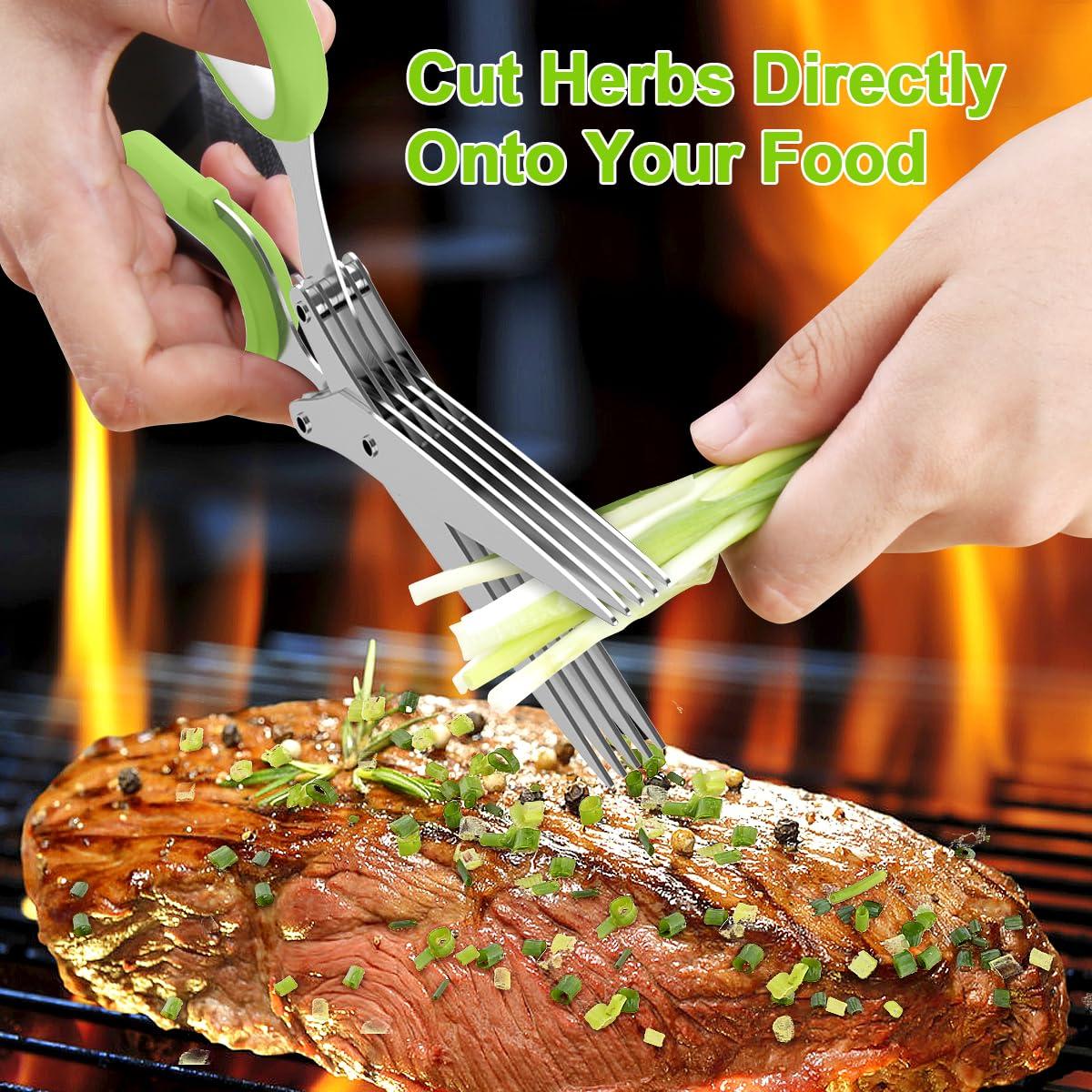 Herb Scissors, Kitchen Herb Shears Cutter with 5 Blades and Cover, Sharp Dishwasher Safe Kitchen Gadget - Green C49